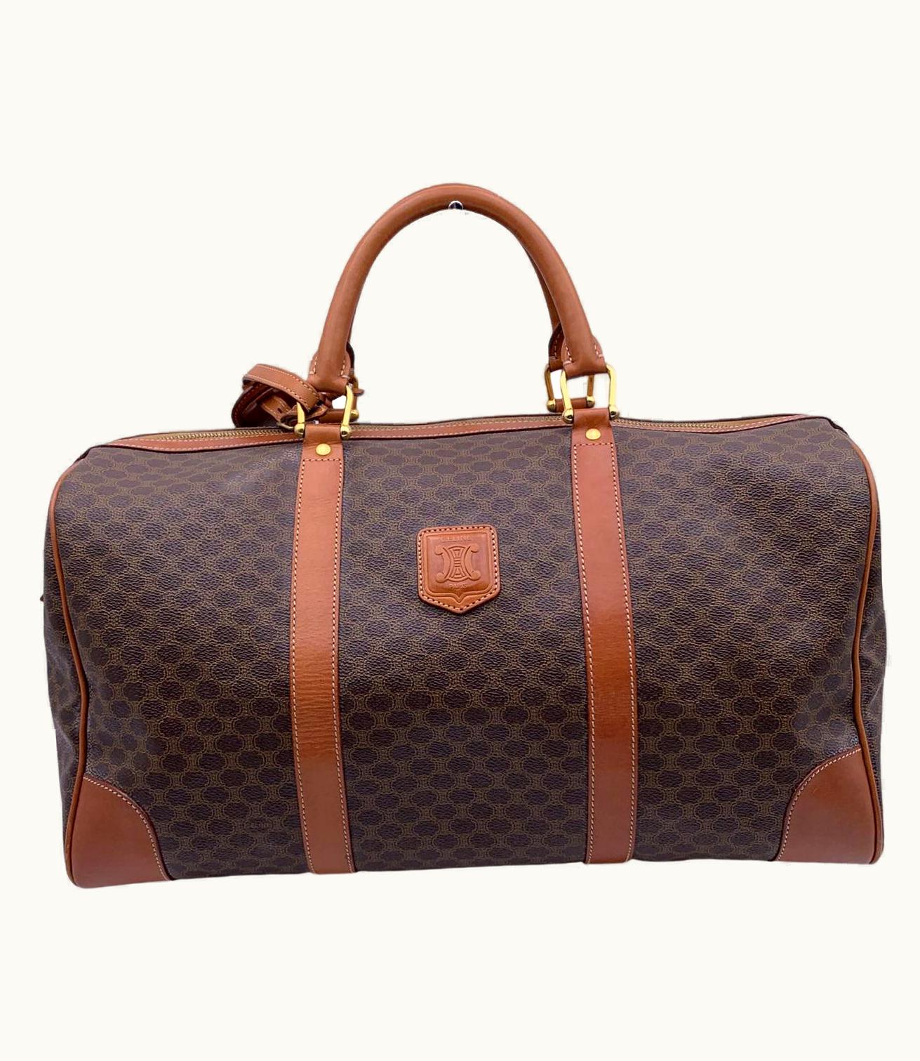 Celine Vintage Brown Macadam Canvas Duffel Duffle Weekend Bag