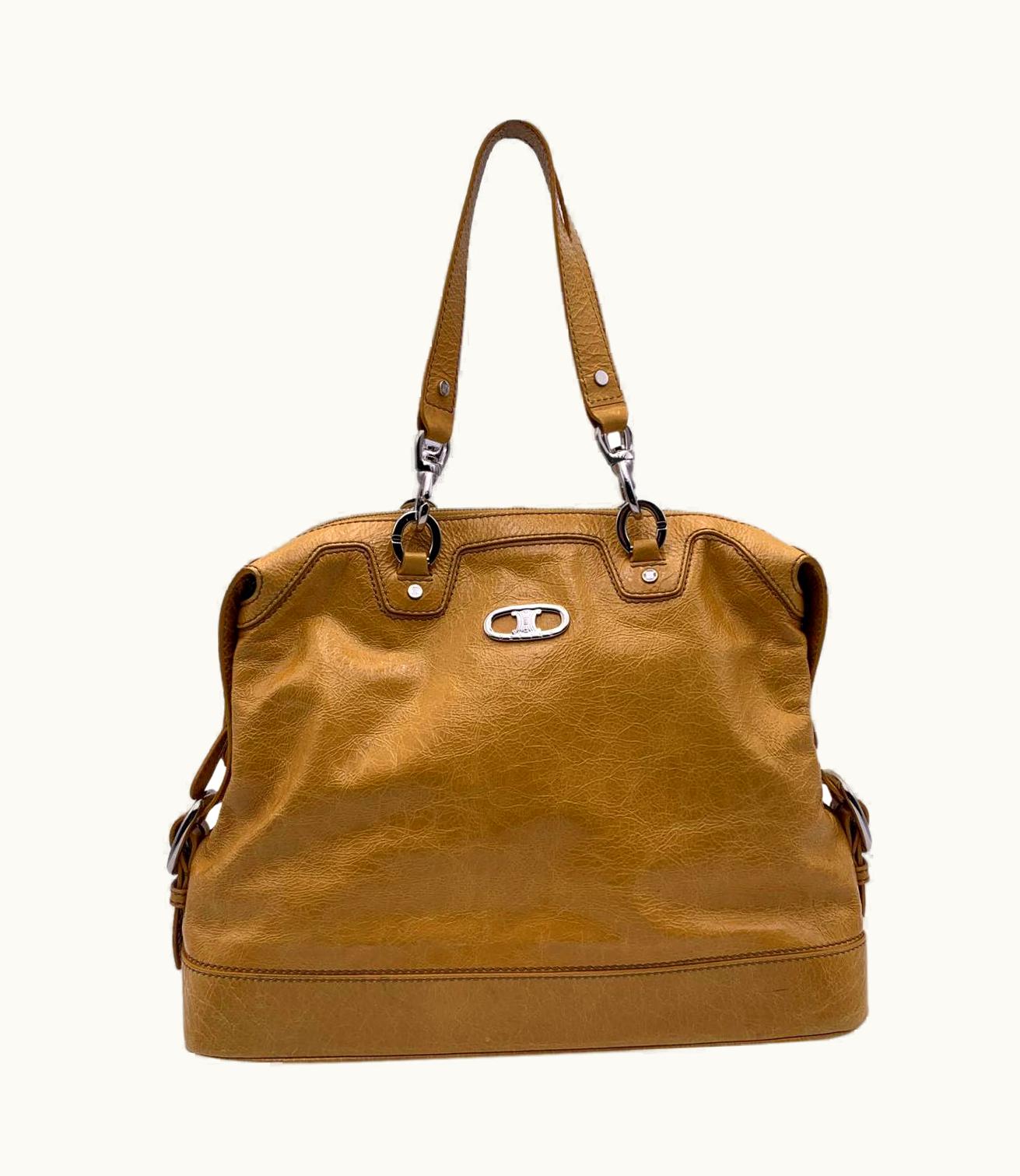 Celine Yellow Mustard Leather Bowling Bag Tote Satchel Handbag
