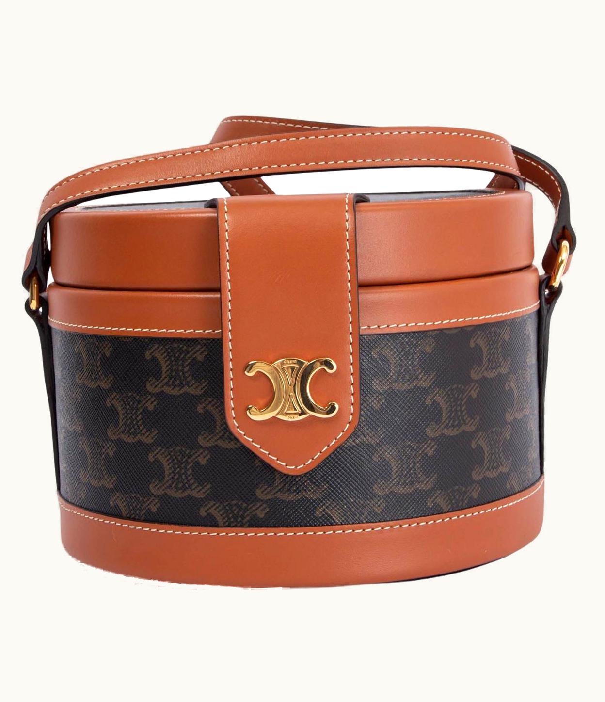 Celine Tan Leather & Triomphe Canvas Medium Tambour Shoulder Bag
