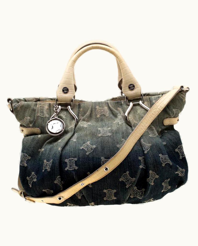 Celine Blue Macadam Denim And Croc Embossed Leather Tote