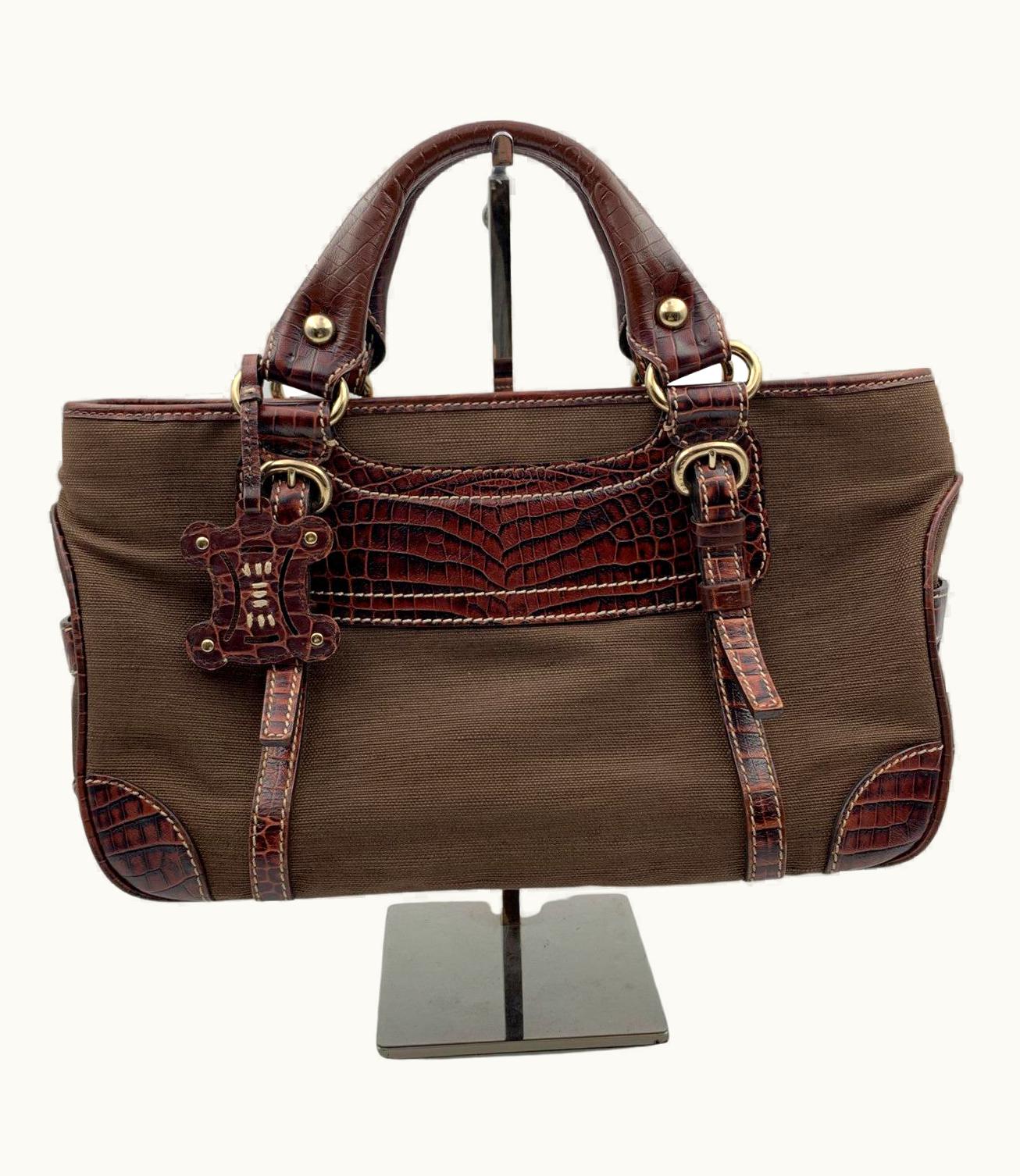 Celine Brown Canvas Leather Boogie Satchel Tote Bag Handbag