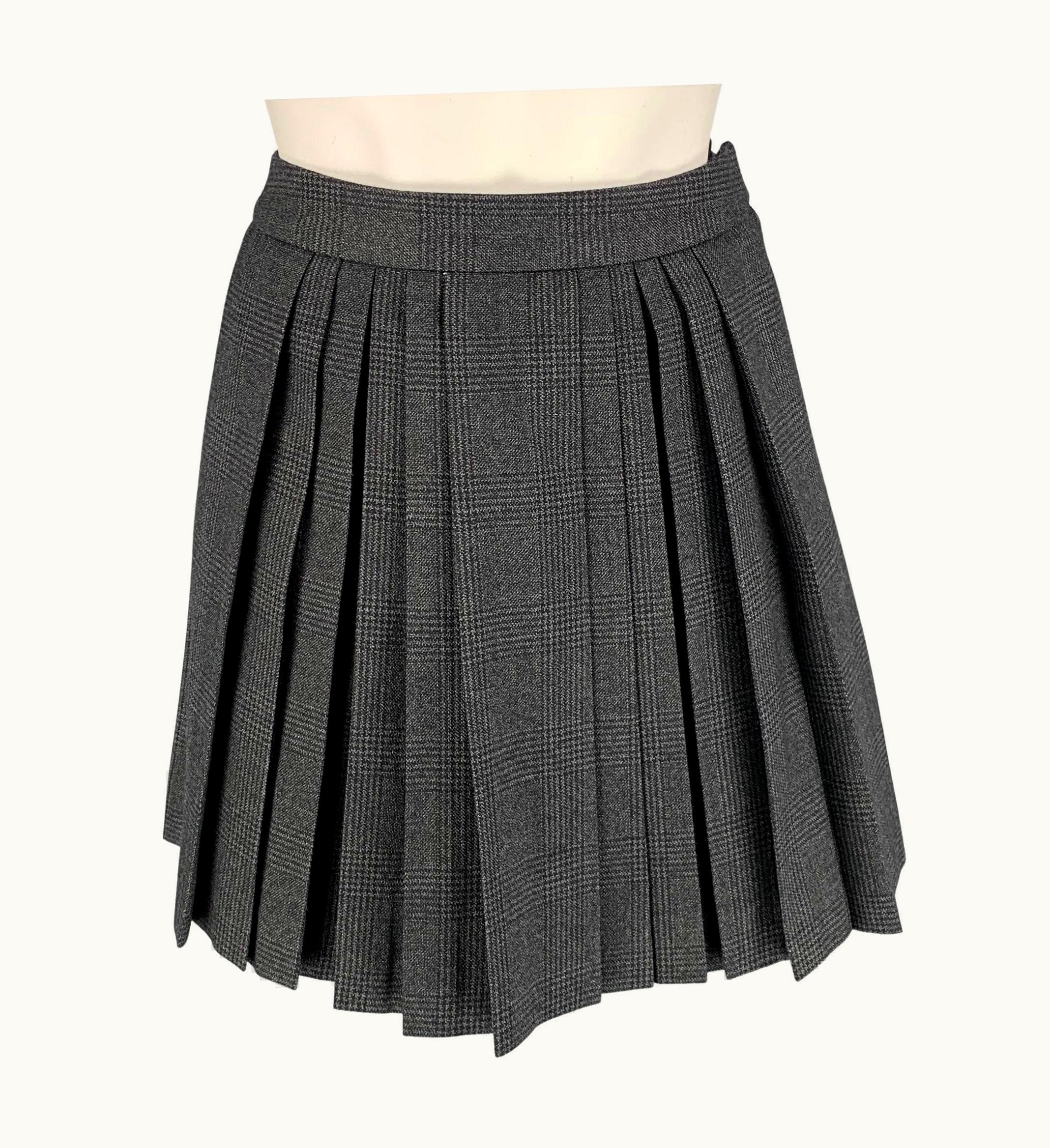 Celine Charcoal Plaid Wool Pleated Mini Skirt
