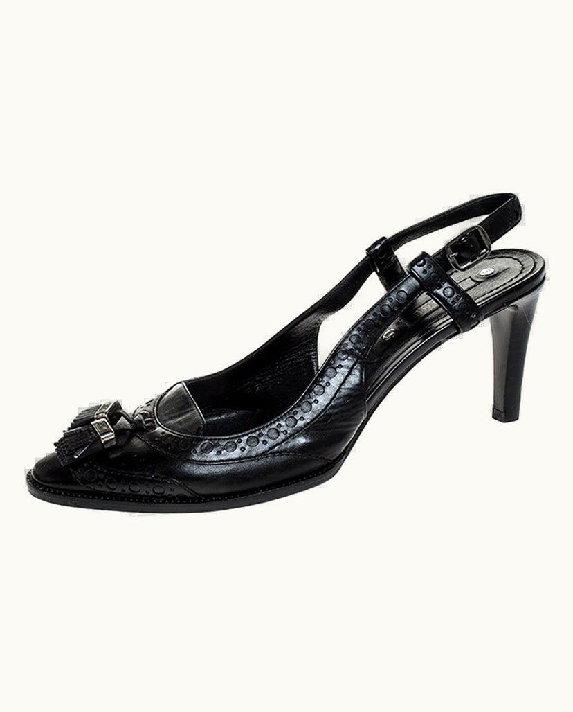 Celine Black Brogue Leather Tassel Slingback Sandals