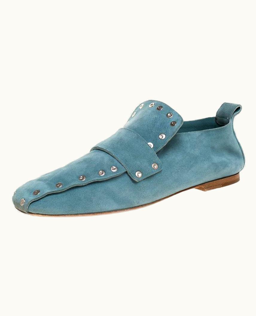 Celine Blue Suede Studded Slip On Loafers