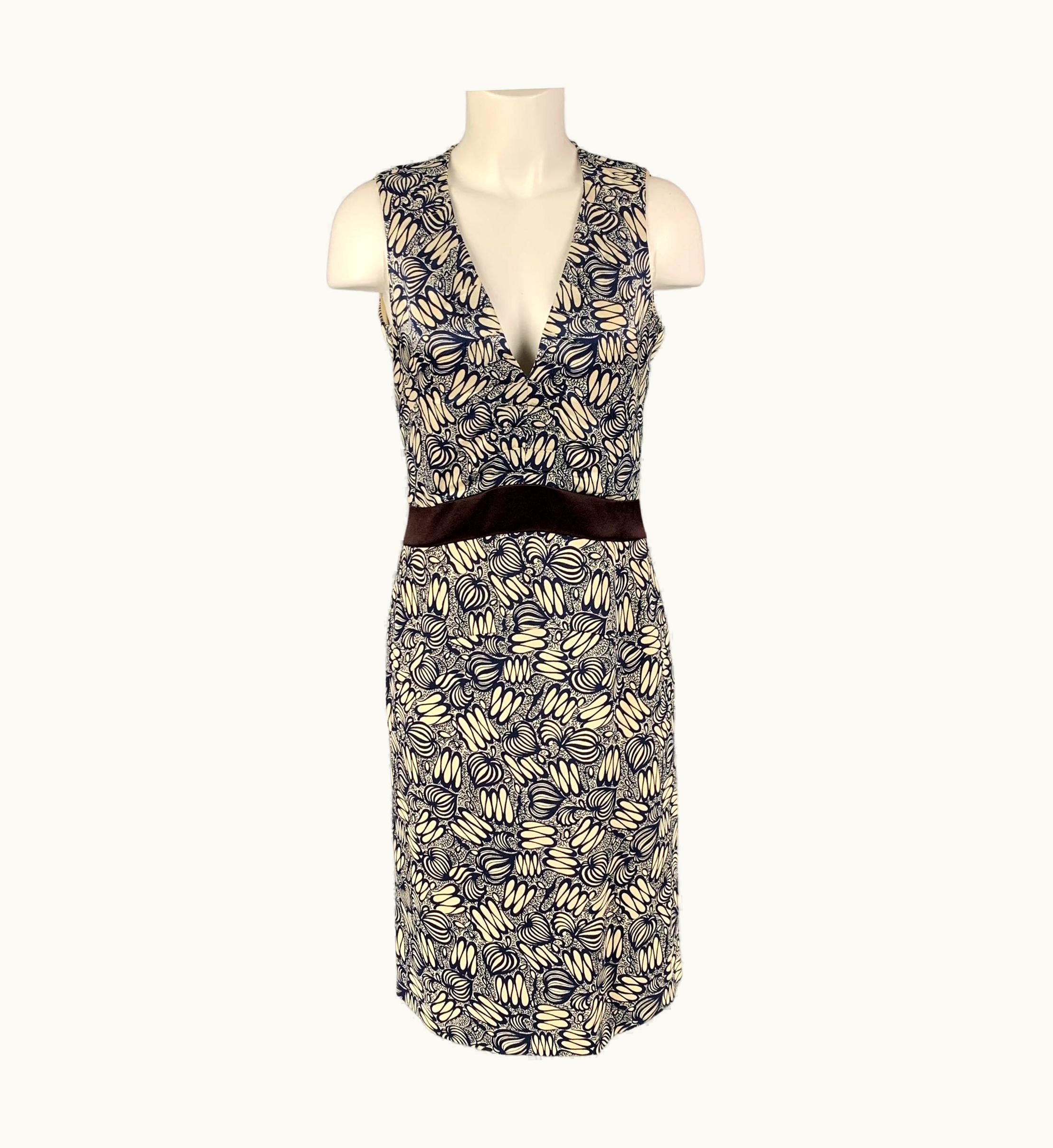 Celine Navy White Silk Abstract Sleeveless Dress