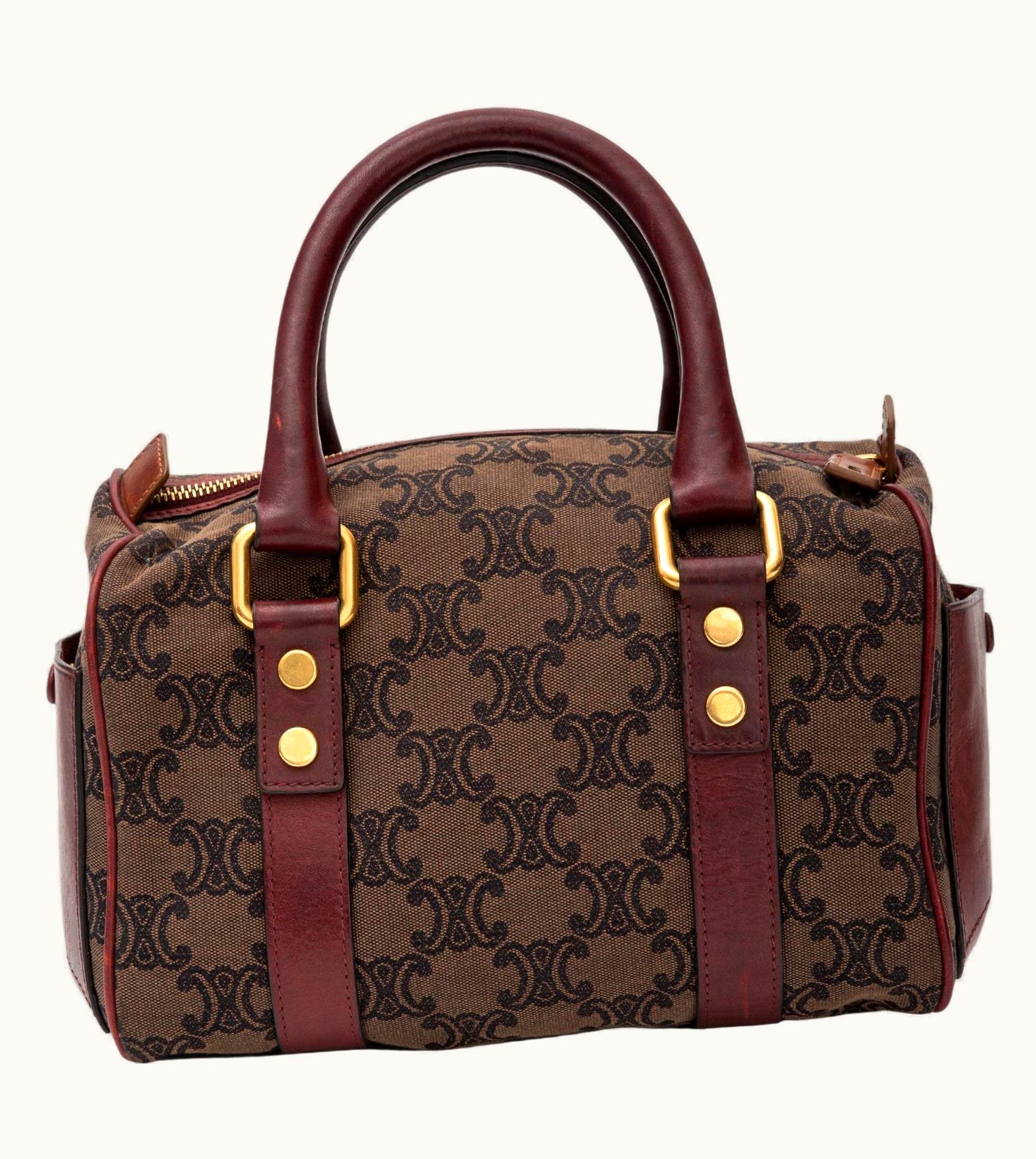 Celine Vintage Taupe Fabric Burgundy Leather Boston Bag 2009