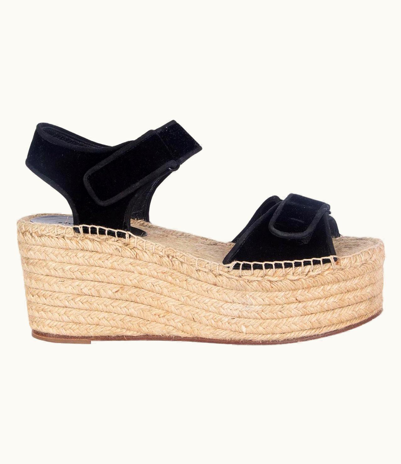 Celine Black Velvet Scratch Velcro Espadrille Sandals Shoes