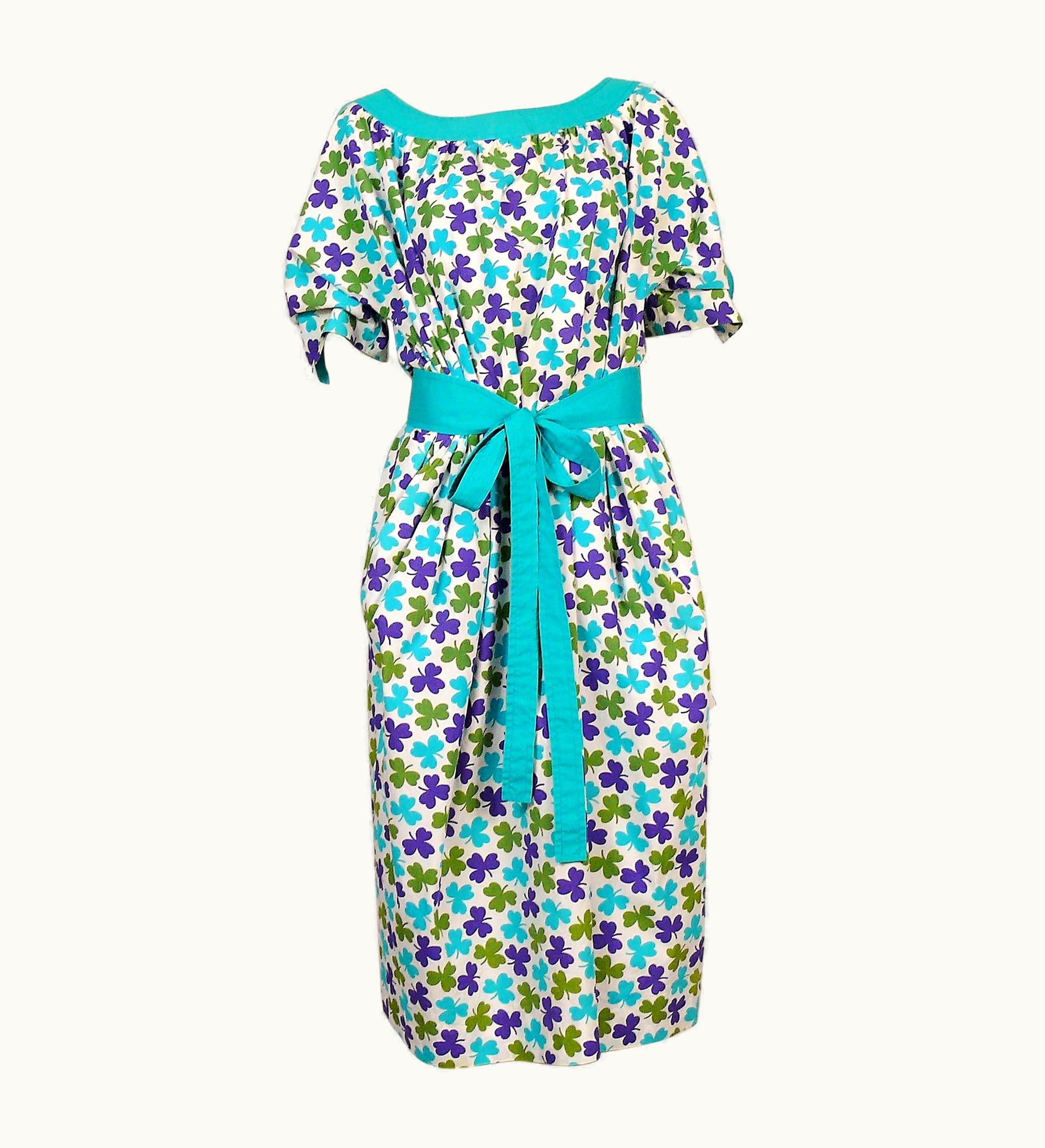Celine Céline Vintage Shamrock Print Cotton Tie-Belt Day Dress
