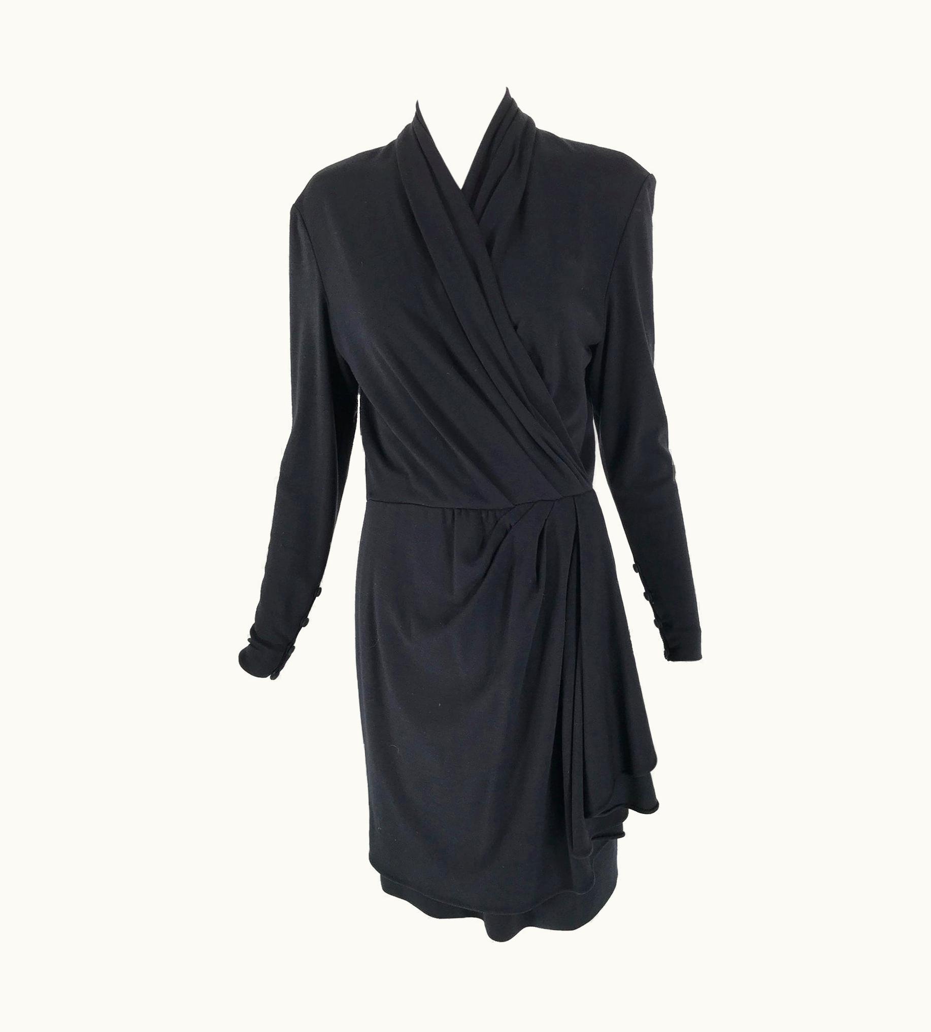 Celine Black Wool Jersey Surplice Bodice Draped Skirt 1990s