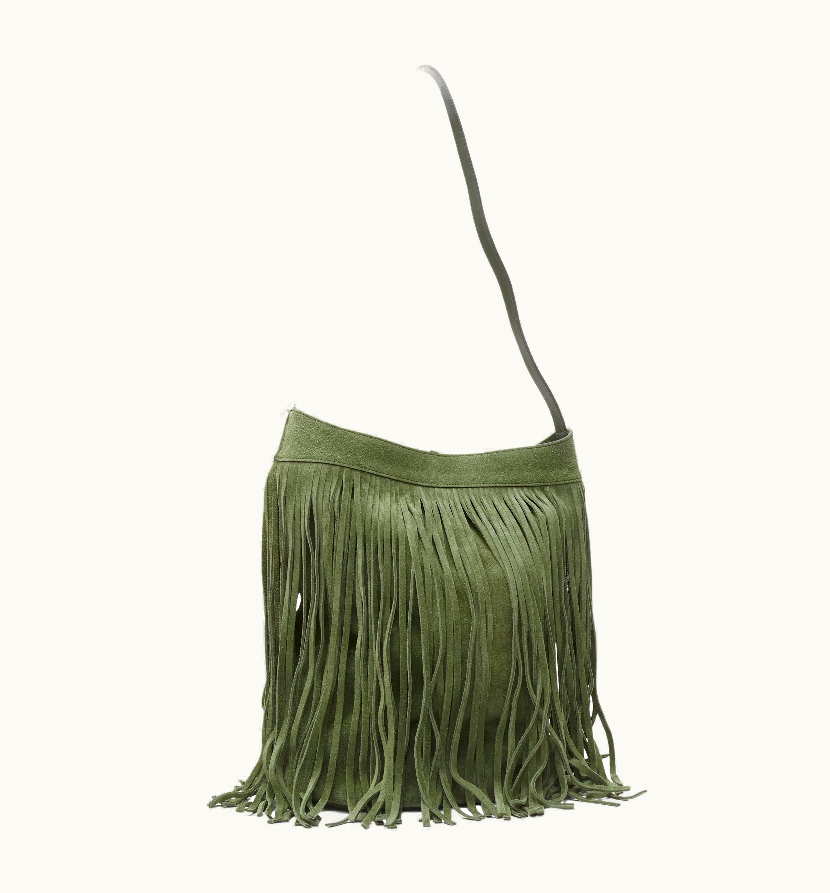 Celine Hedi Slimane Khaki Green Suede Fringe Medium Bucket Bag