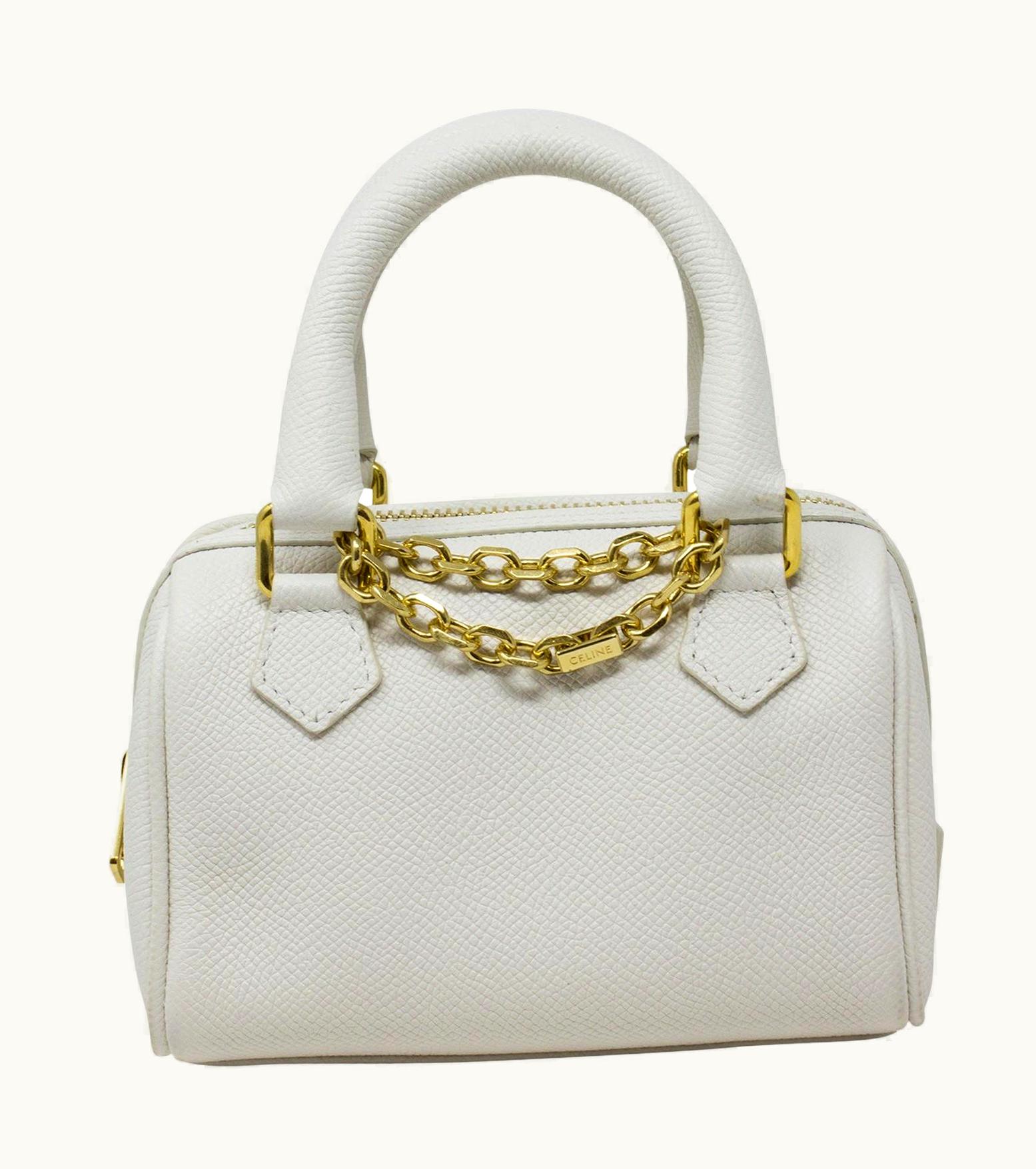Celine Mini White Grained Leather Logo Chain Top Handle Bag
