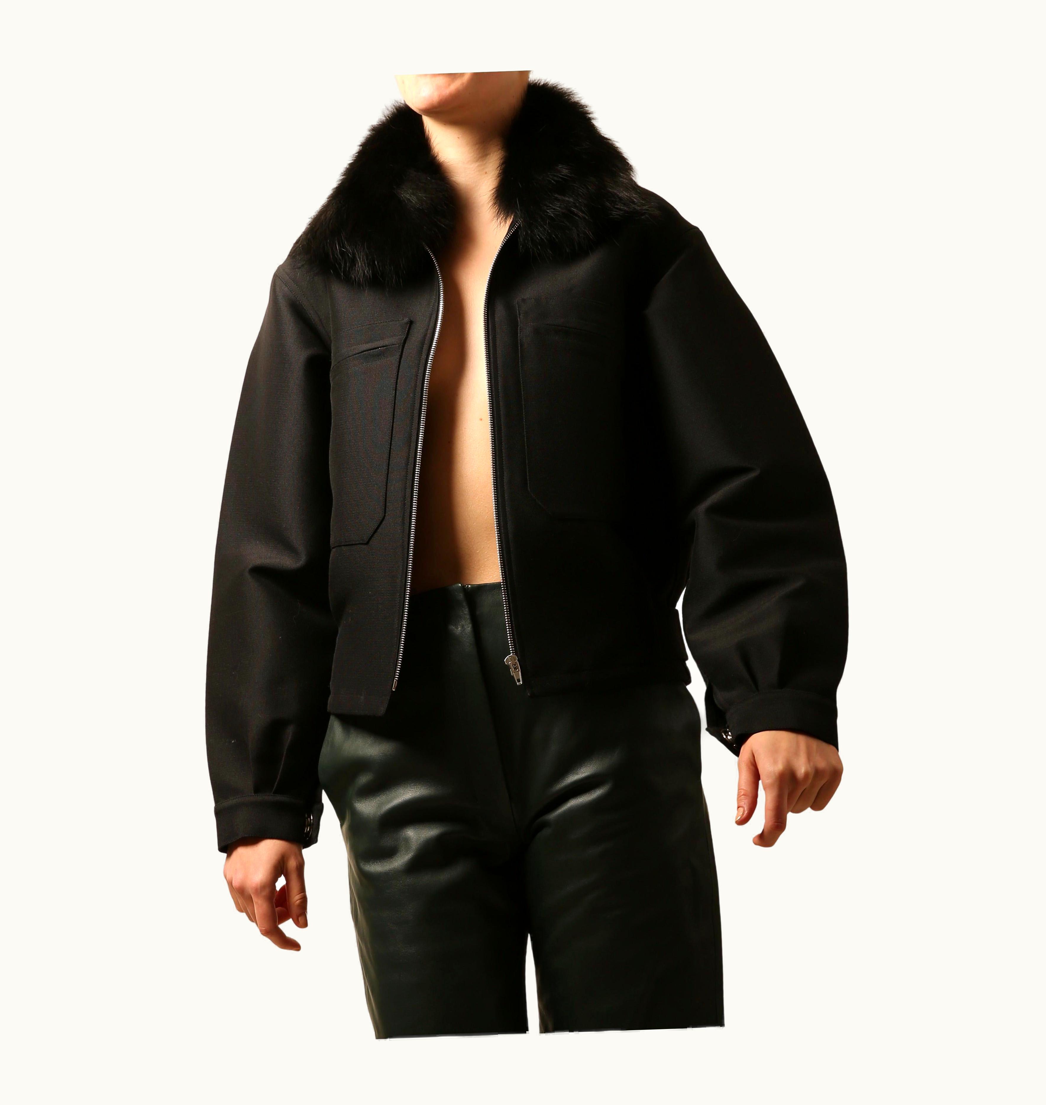 Celine Fox Fur Collar Black Structured Bomber Style Coat Jacket