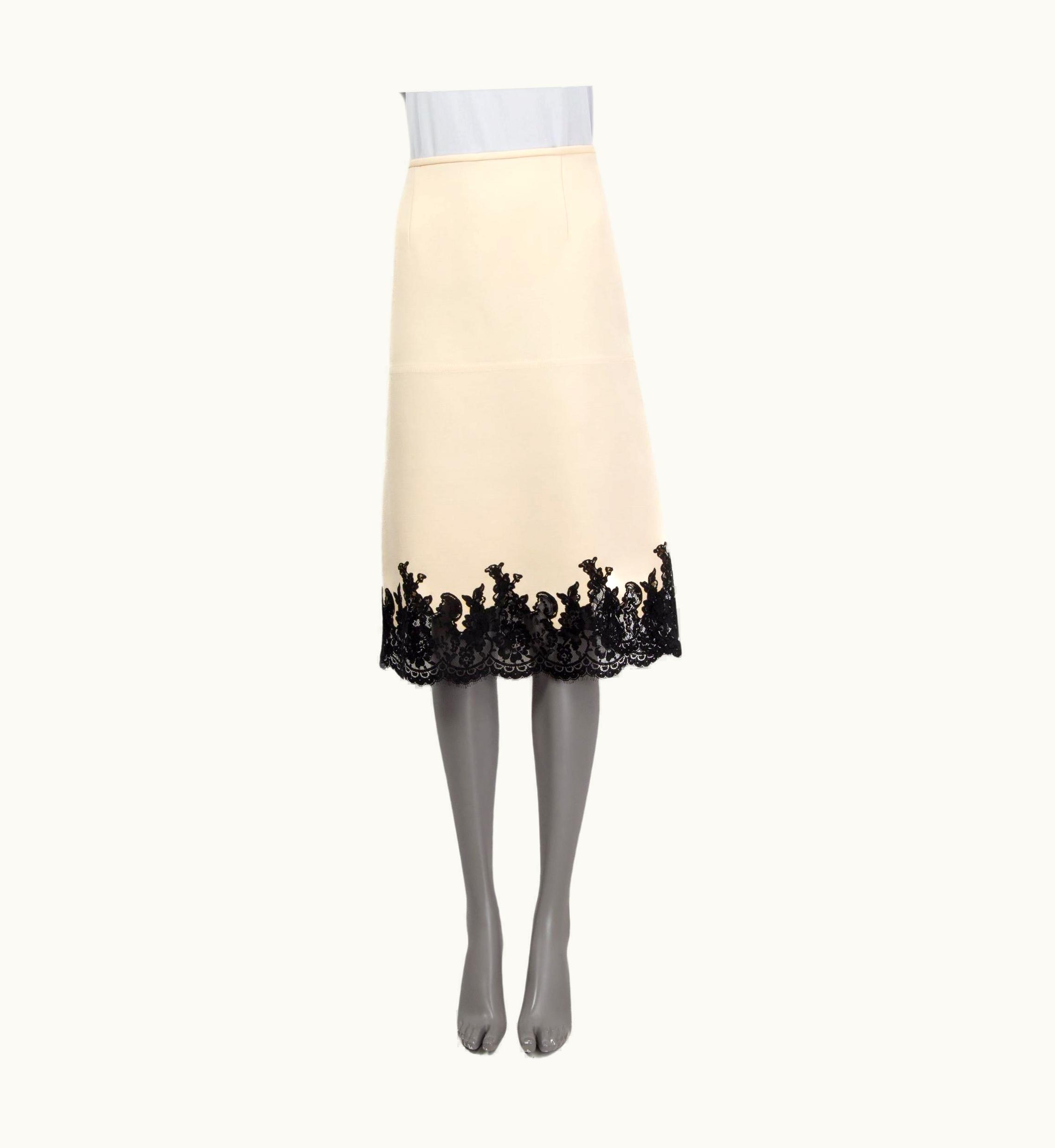 Celine Ivory Wool 2016 Lace Trim A-Line Skirt