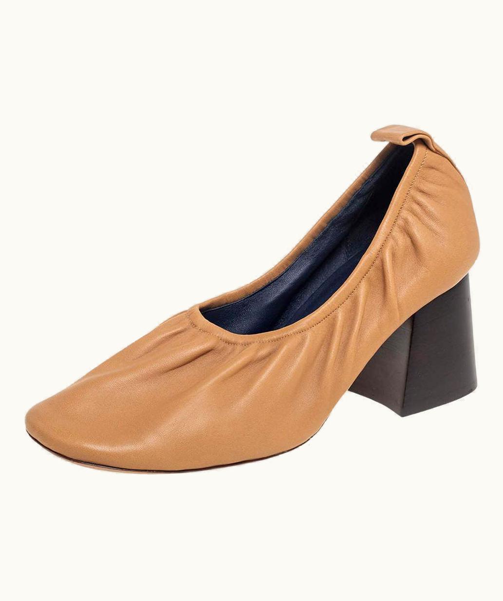Celine Beige Leather Scrunch Ballerina Block Heel Pumps UZ0600463
