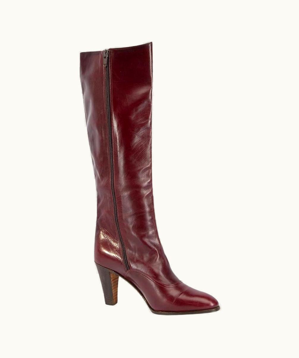 Celine Céline Women' Vintage Burgundy Leather Knee High Boots