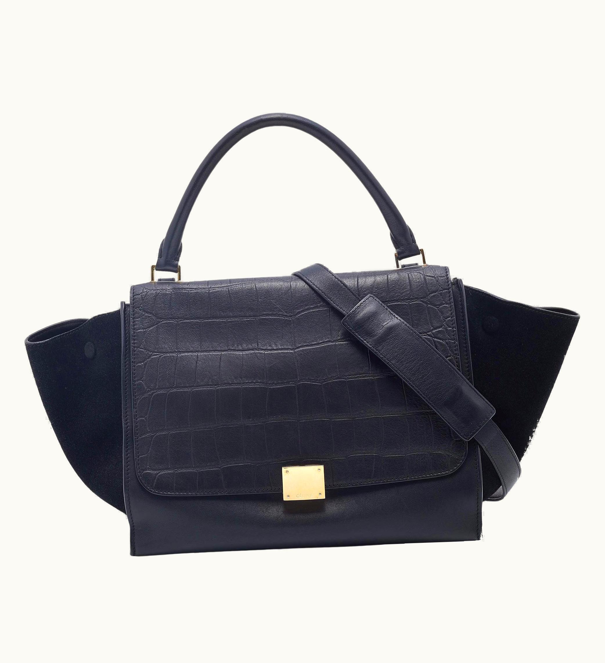Celine Black Croc Embossed Leather And Suede Medium Trapeze Bag
