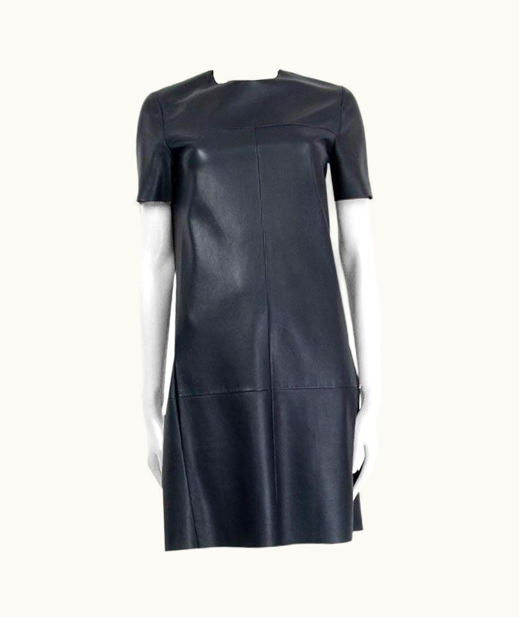 Celine Dark Blue Leather Short Sleeve Shift Dress