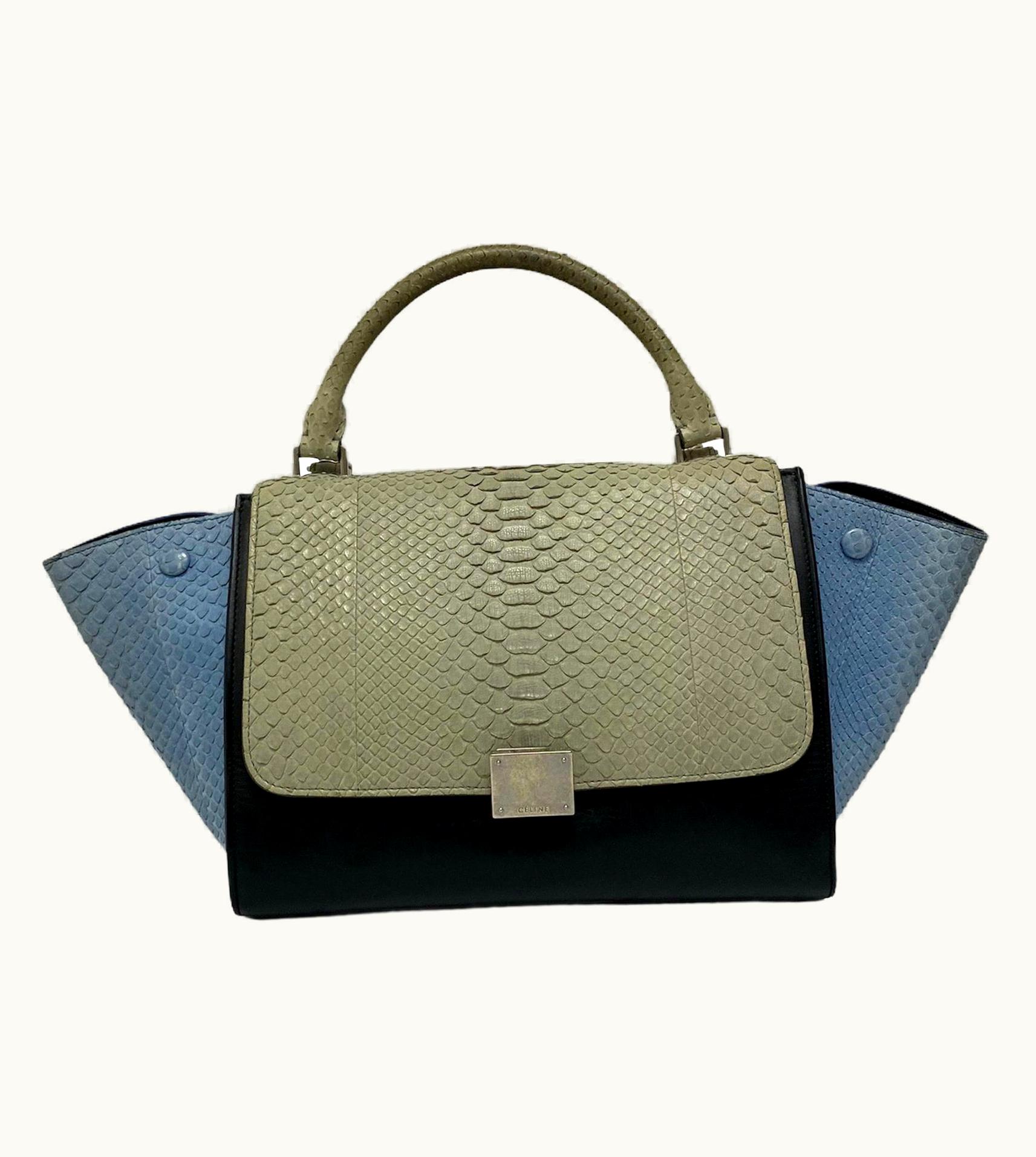 Celine Trapeze Python Handbag In Blue, Gray And Black Colors