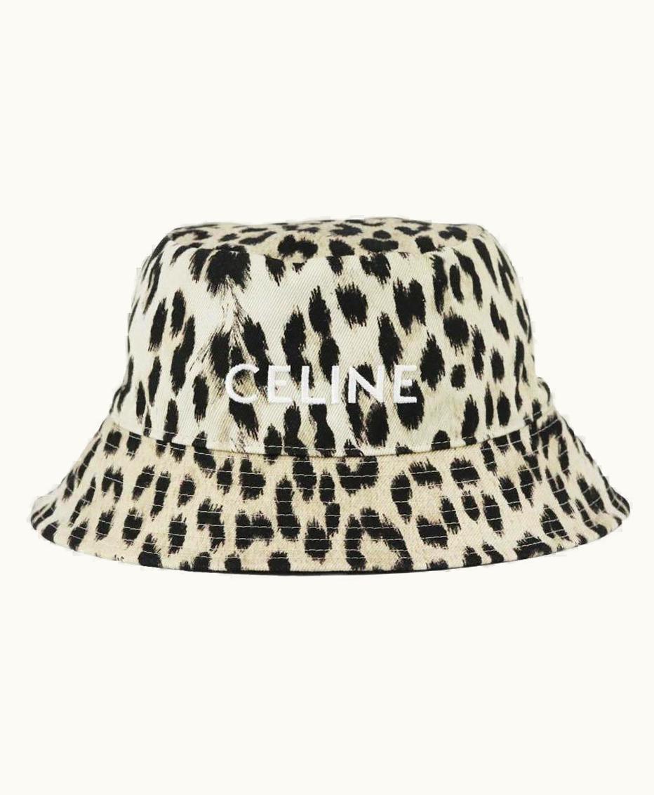 Celine Logo Embroidered Leopard Print Cotton Twill Bucket Hat Medium