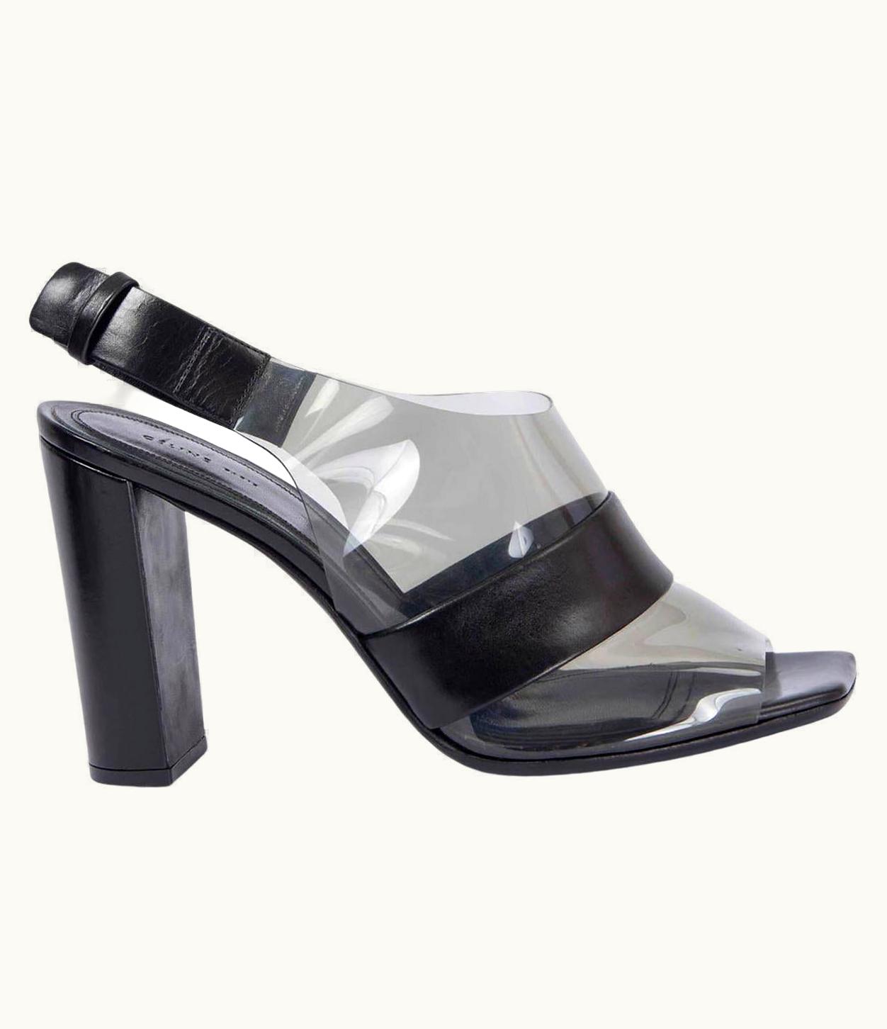 Celine Black Leather & Pvc Slingback Peep-Toe Sandals Shoes