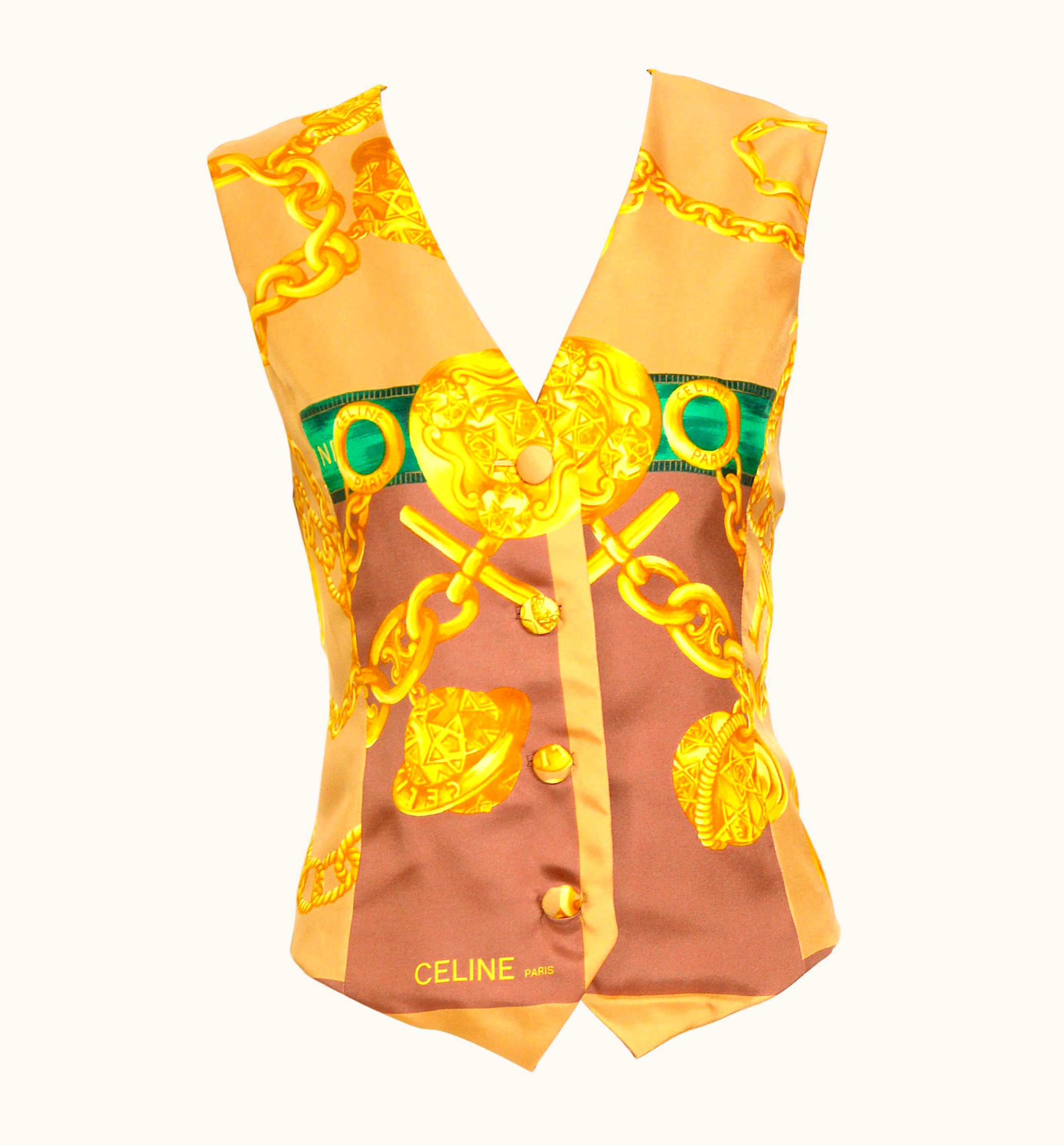 Celine Vintage Silk Signed Gold Chain Print Short Vest Waistcoat