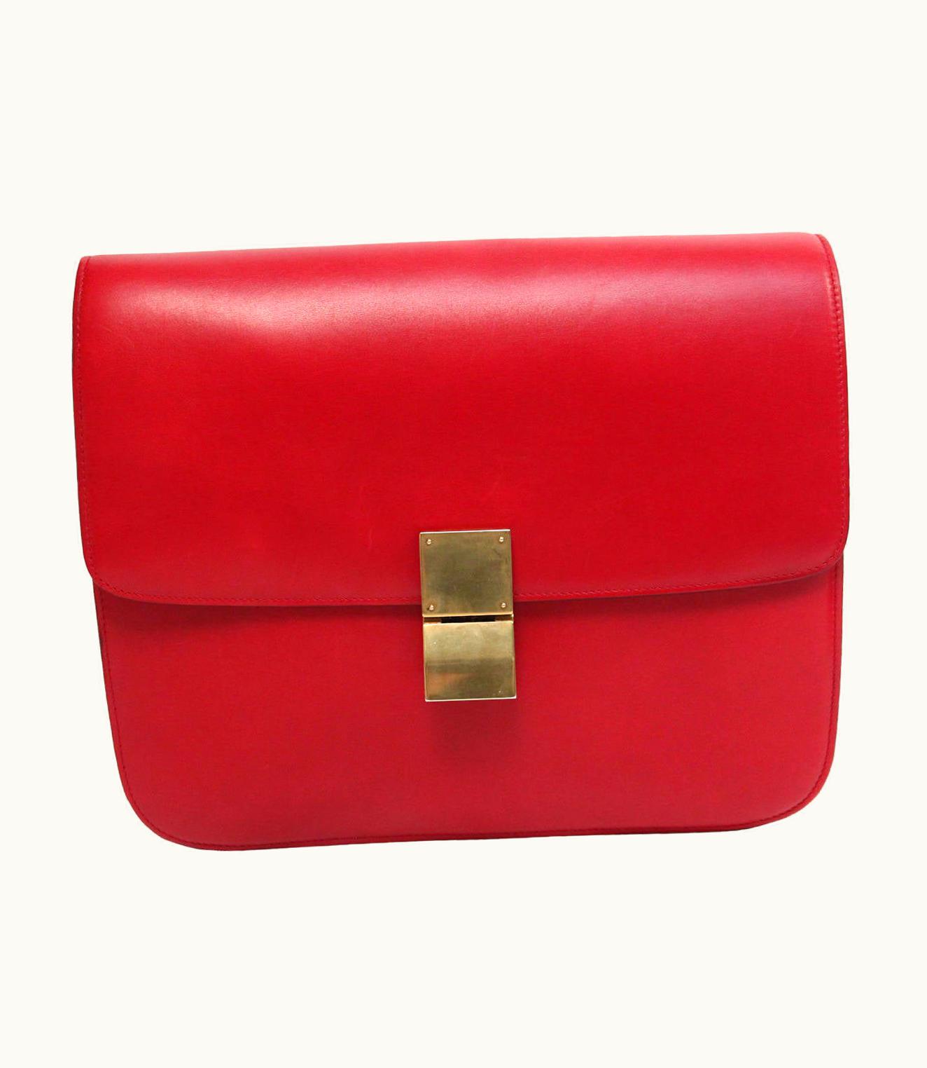 Celine Large Red Classic Box Leather Bag With Convertible Strap