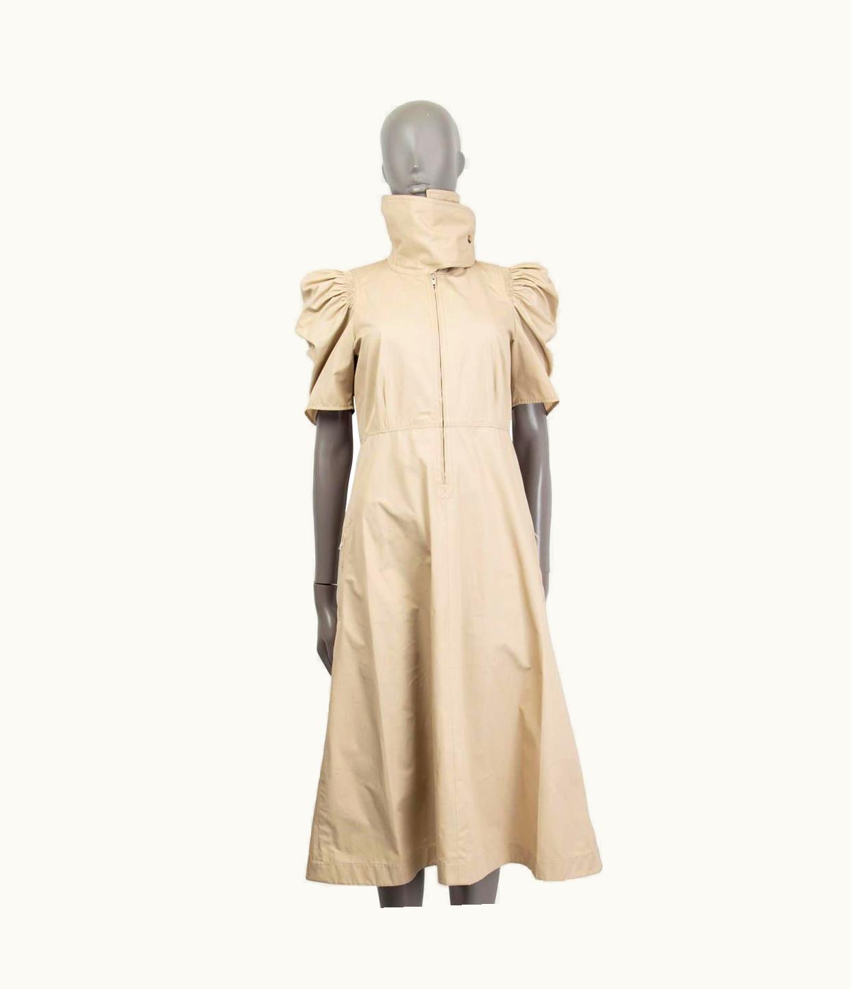 Celine Beige Cotton Puff Sleeve Poplin Midi Dress