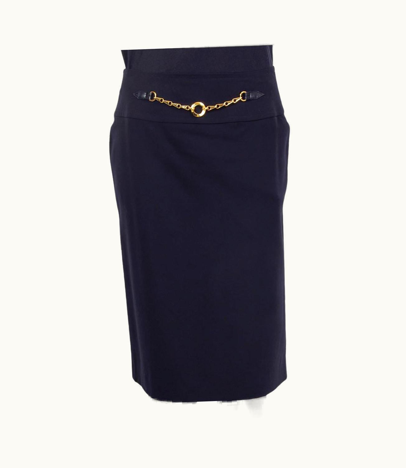 Celine Dark Blue Wool Chain Detail Skirt 40 Vintage