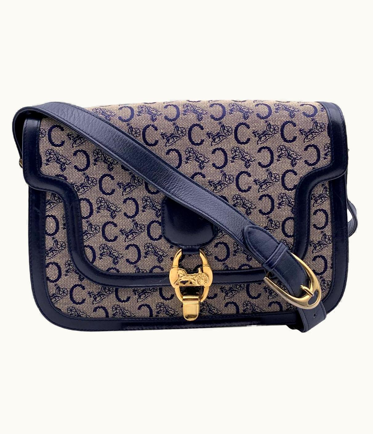 Celine Vintage Blue Macadam C Canvas Caleche Box Shoulder Bag