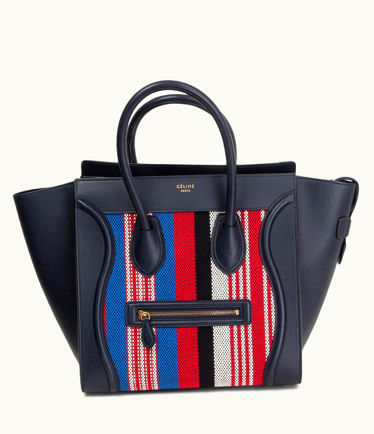 Celine Blue Leather & Stripe Canvas 2016 Mini Luggage Tote Bag