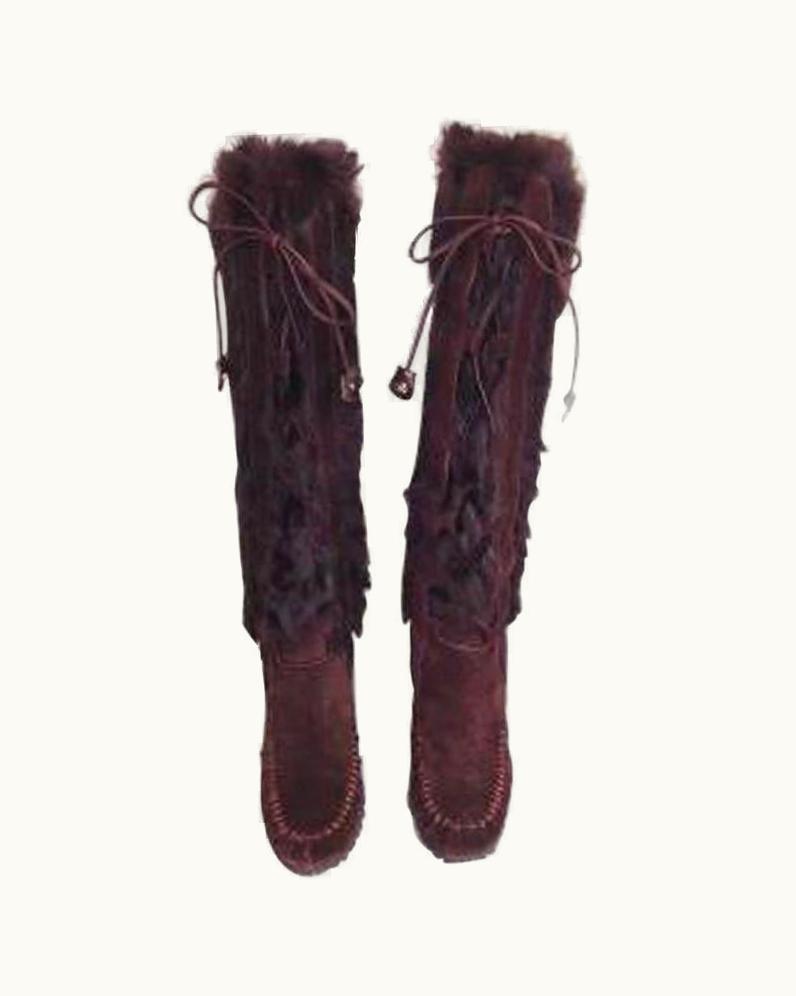 Celine Wedge Boots In Brown Suede And Fur