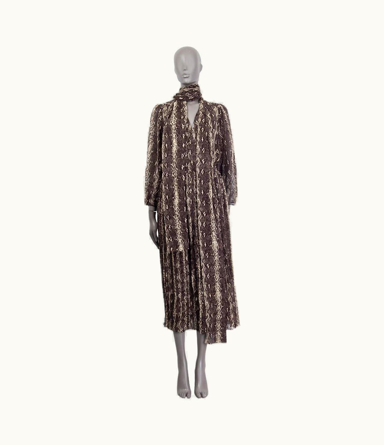 Celine Brown Silk Snake Print Long Pleated Fluid Dress