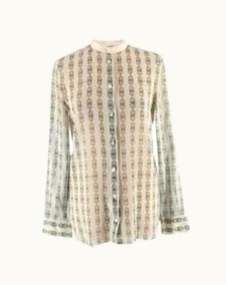 Celine Vintage Sheer Mint Green Chain Logo Print Cotton Shirt UZ0600532
