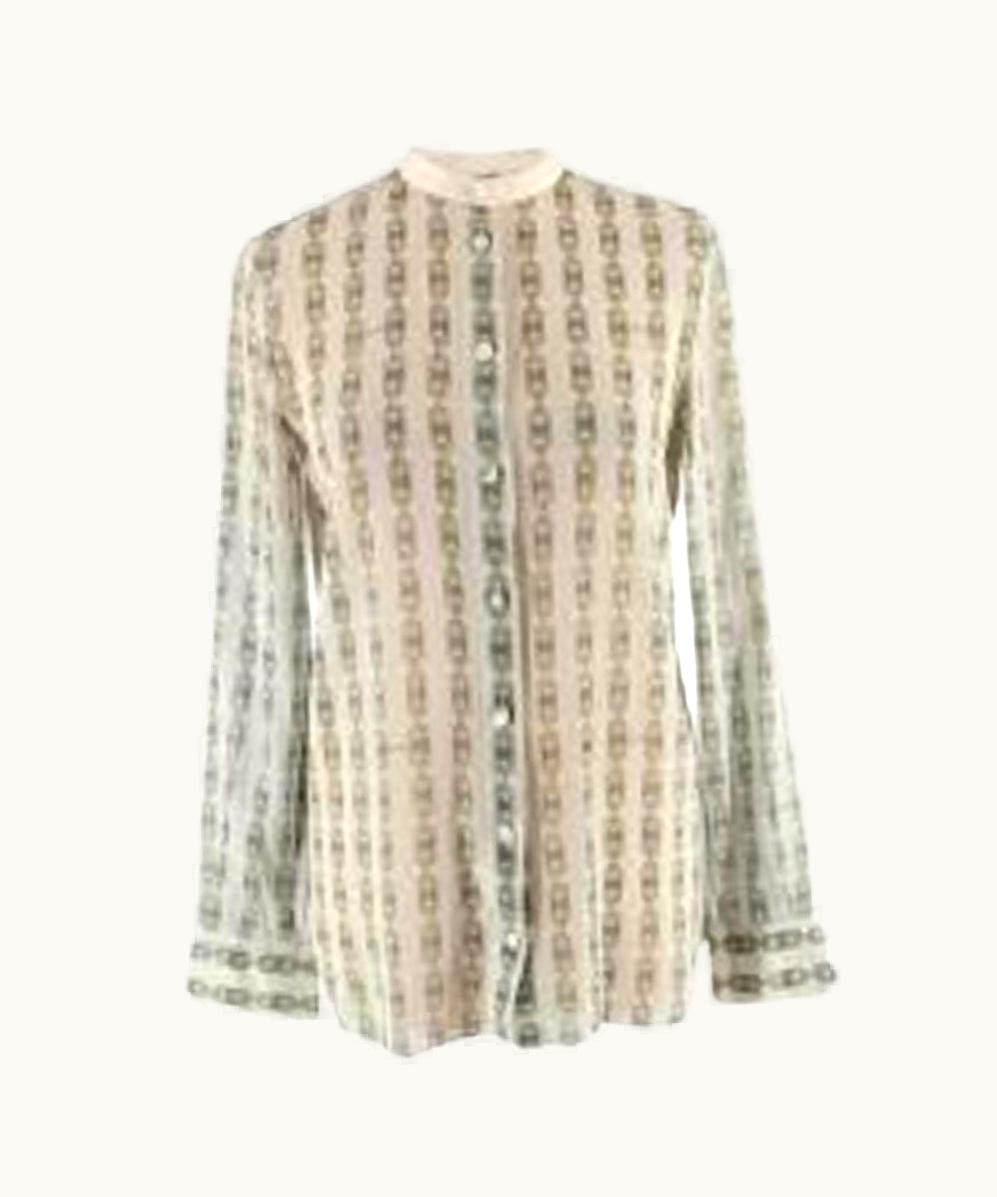Celine Vintage Sheer Mint Green Chain Logo Print Cotton Shirt UZ0600533