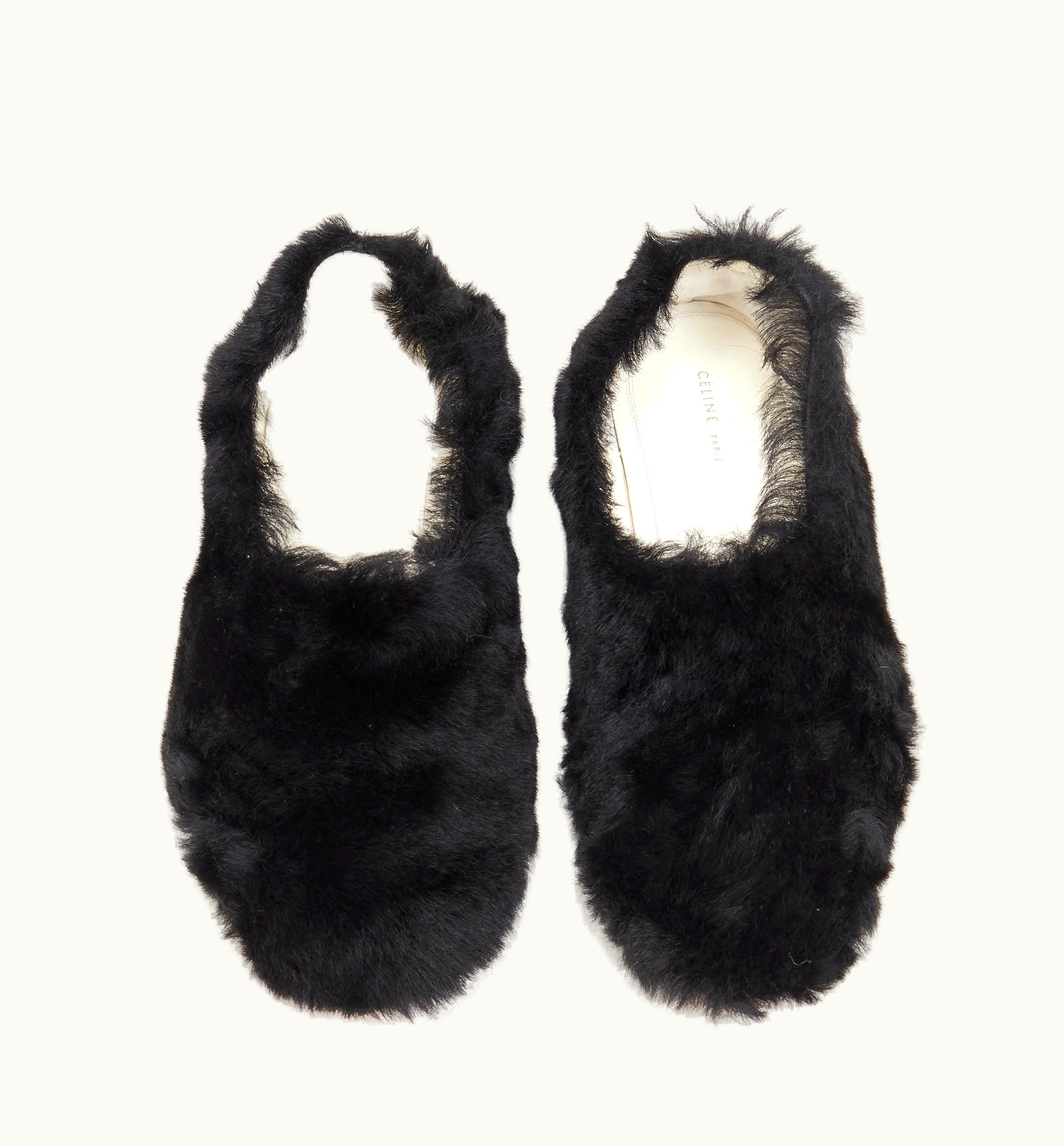 Celine Old Celine Phoebe Philo Black Fluffy Fur Slip On Flats
