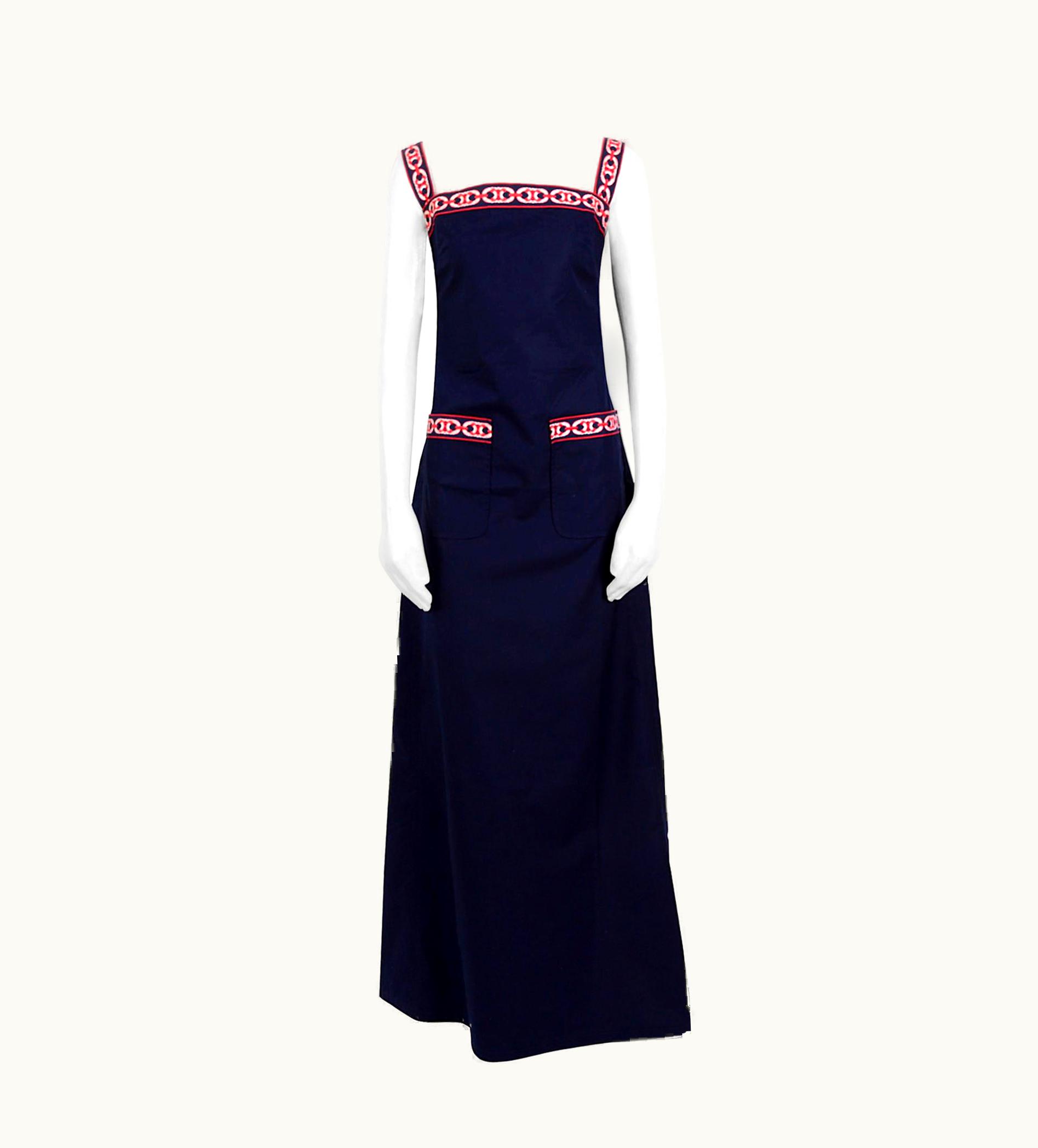 Celine Collectible Vintage 1960s Bleu Cotton Logo Trimmed Shoulder Maxi Dress