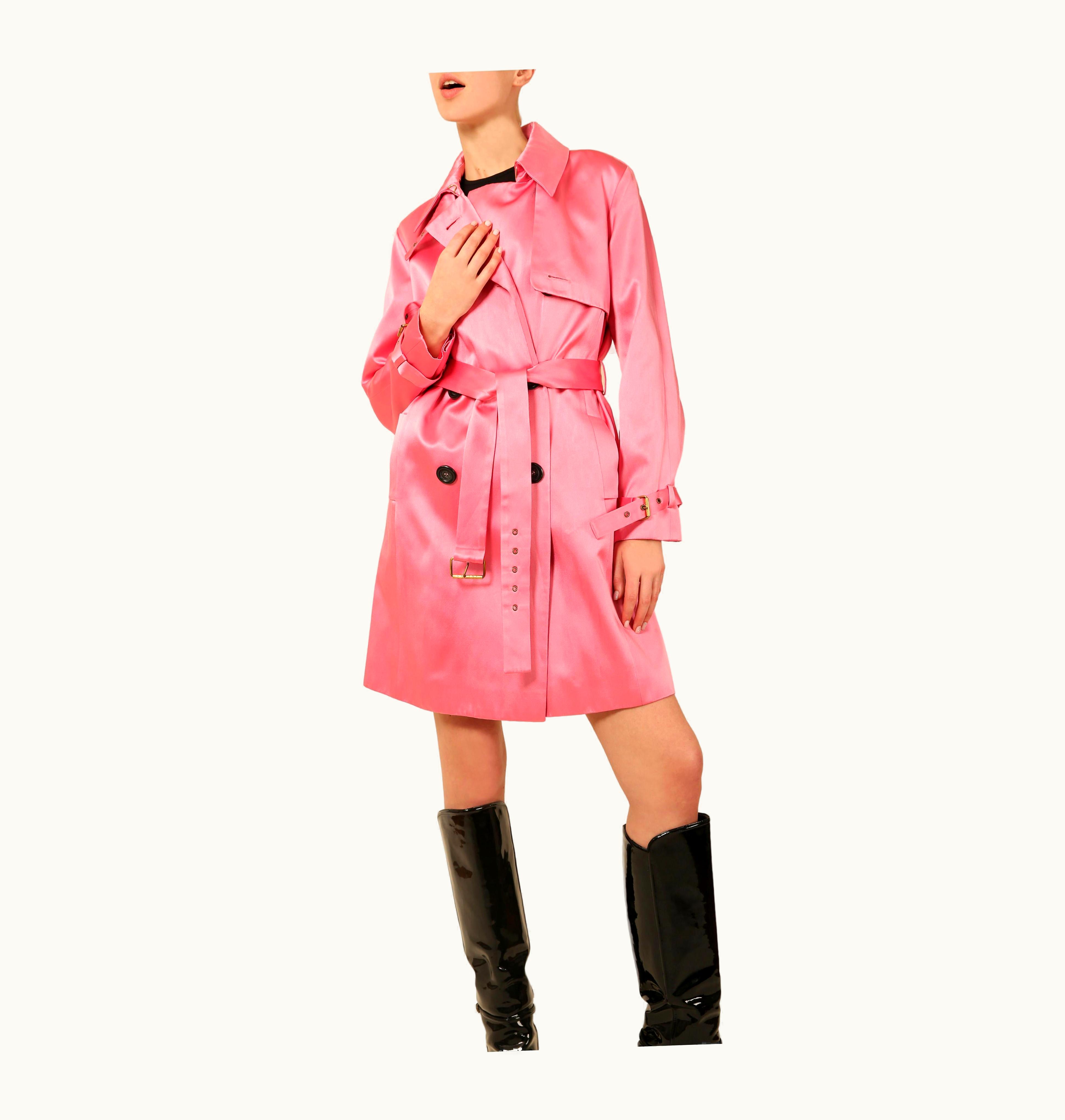 Celine AW 2003 Pink Silk Oversized Button Belted Trench Coat