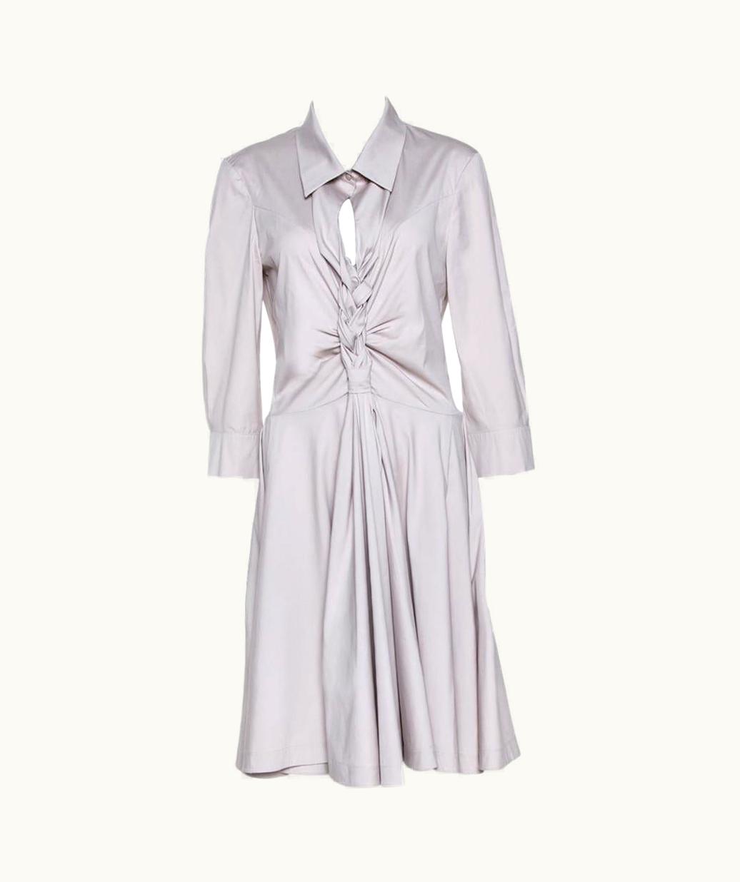 Celine Pale Grey Stretch Cotton Braided Front Detail Midi Dress