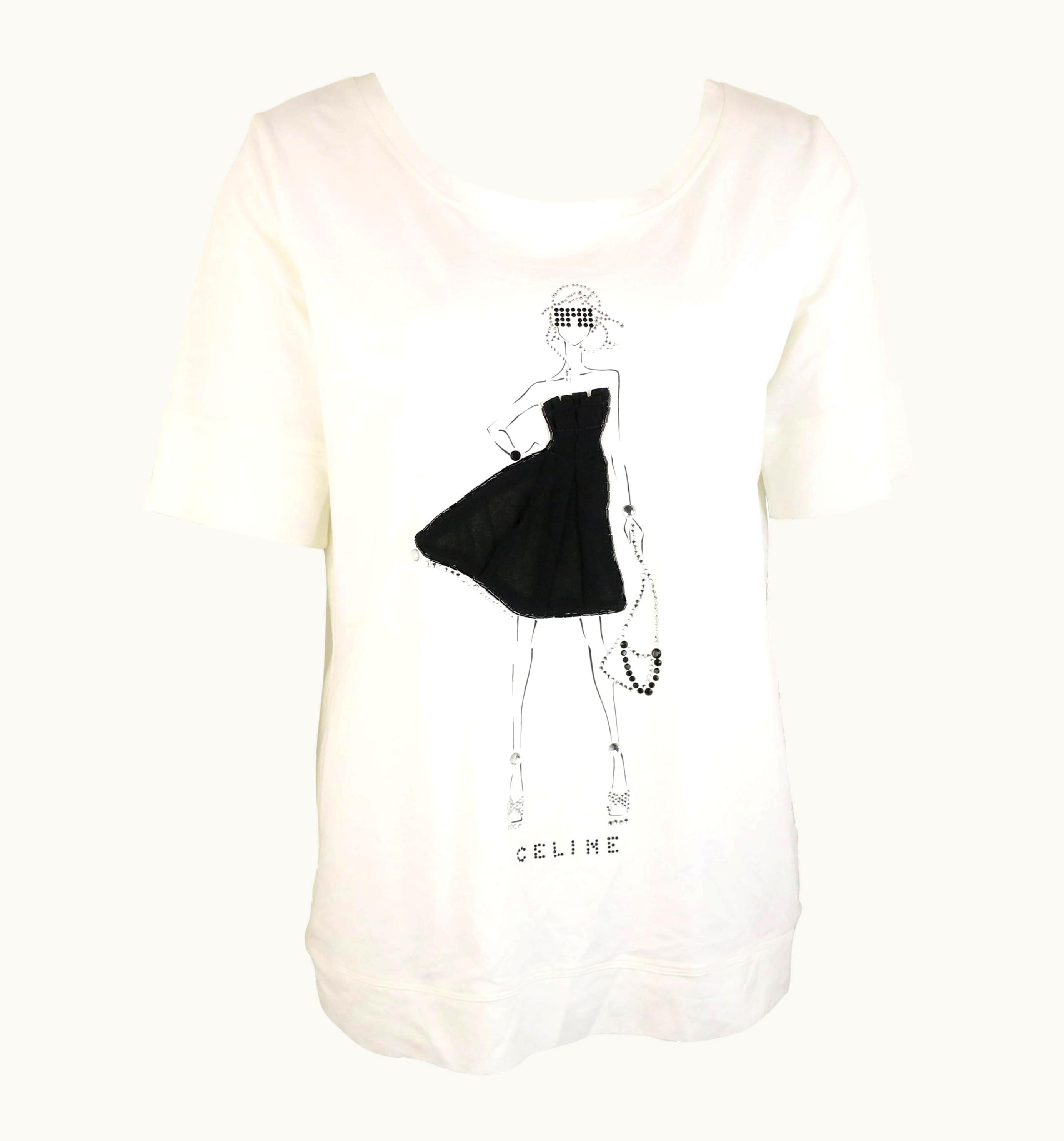 Celine White With Black And Rhinestones Girl Print Cotton T Shirt