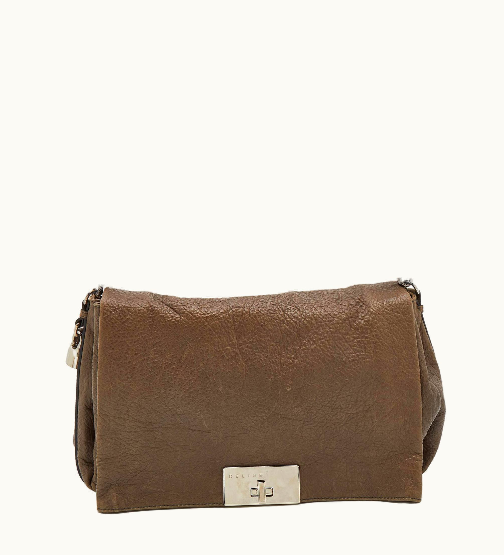 Celine Dark Beige Pebbled Leather Turnlock Flap Chain Shoulder Bag