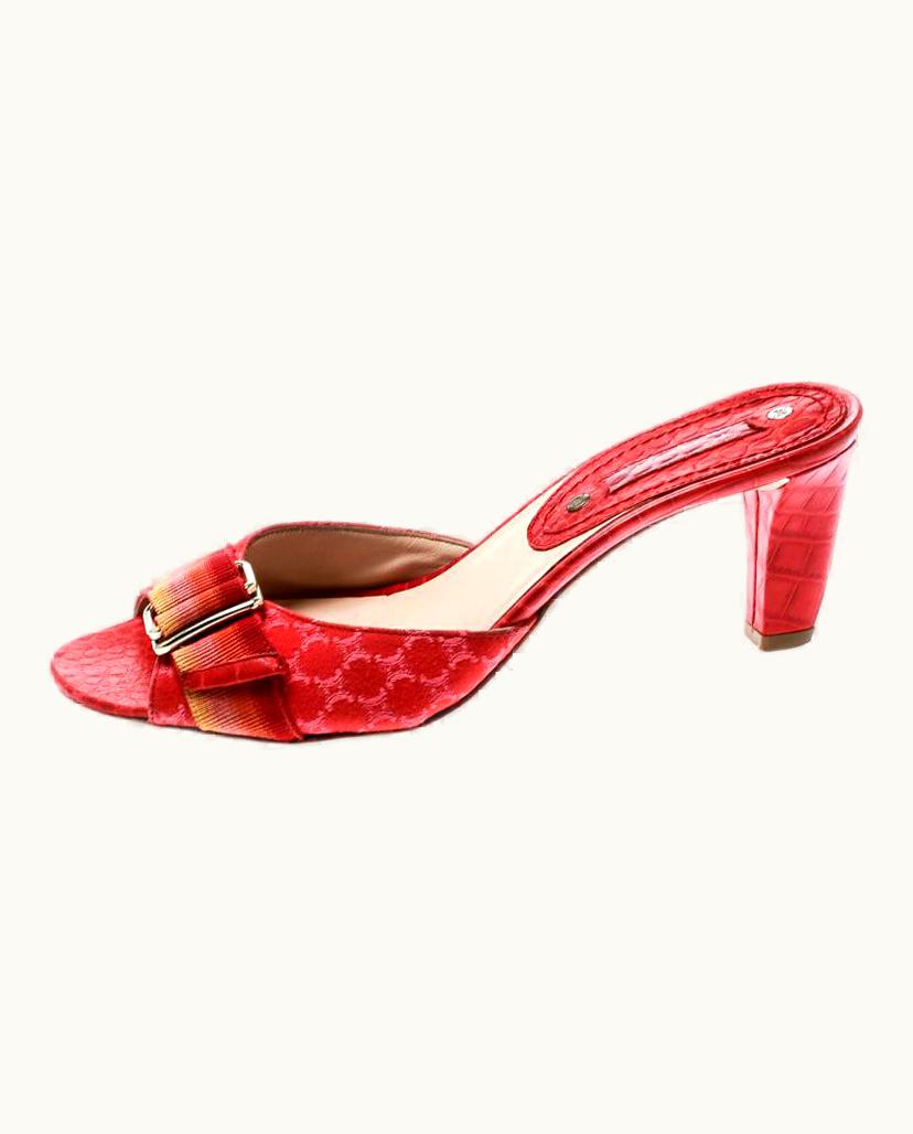 Celine Red Croc Embossed Leather And Fabric Slide Sandals