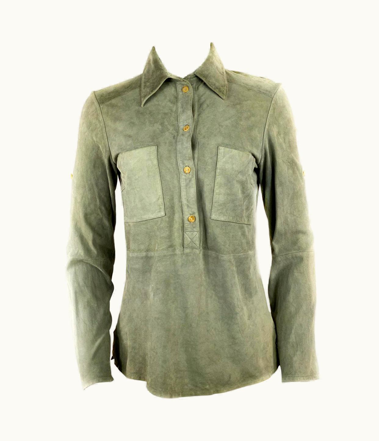 Celine Grey Green Olive Suede Button-Down Shirt Top