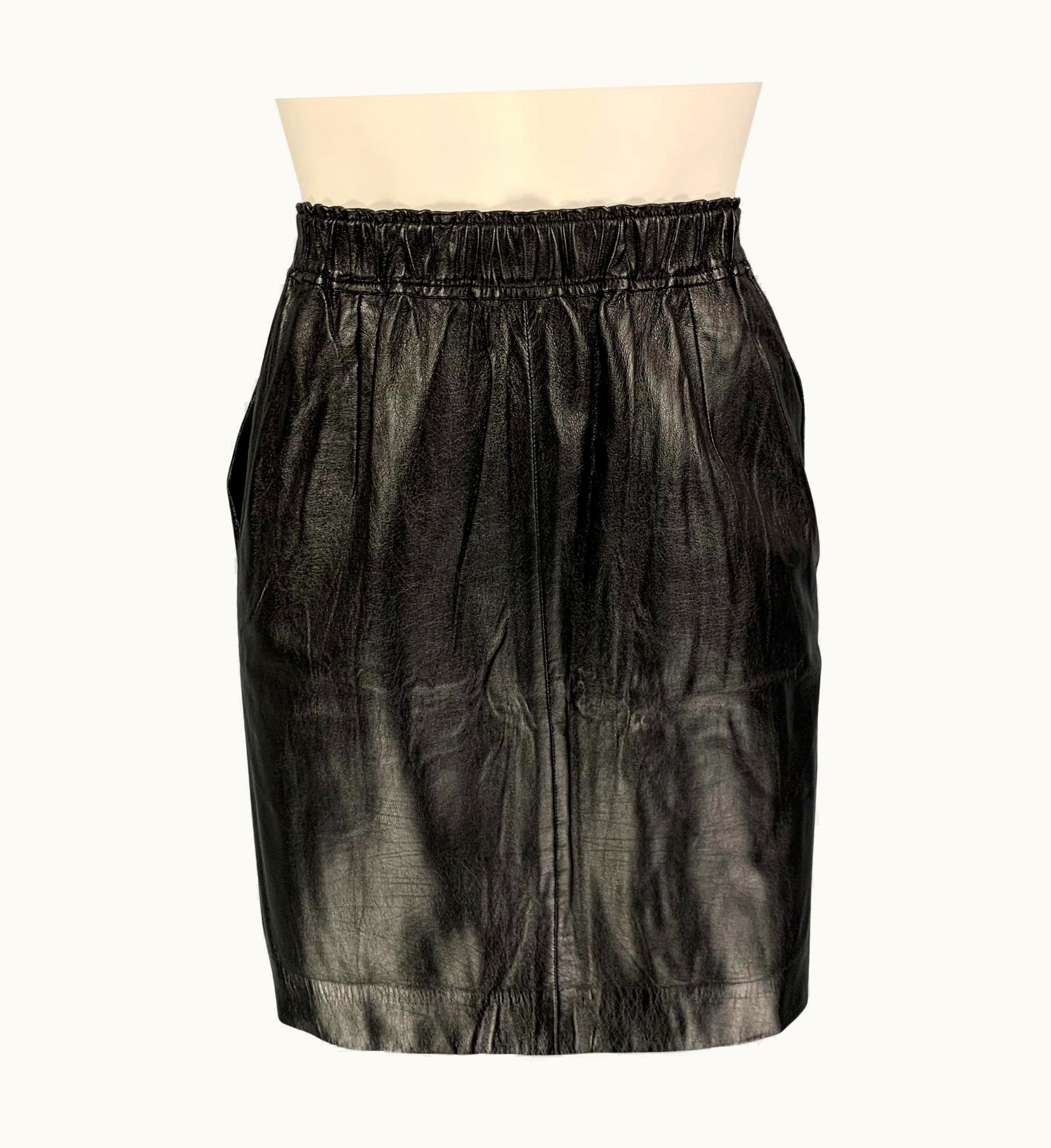 Celine Black Lamb Skin Elastic Waistband Above Knee Skirt