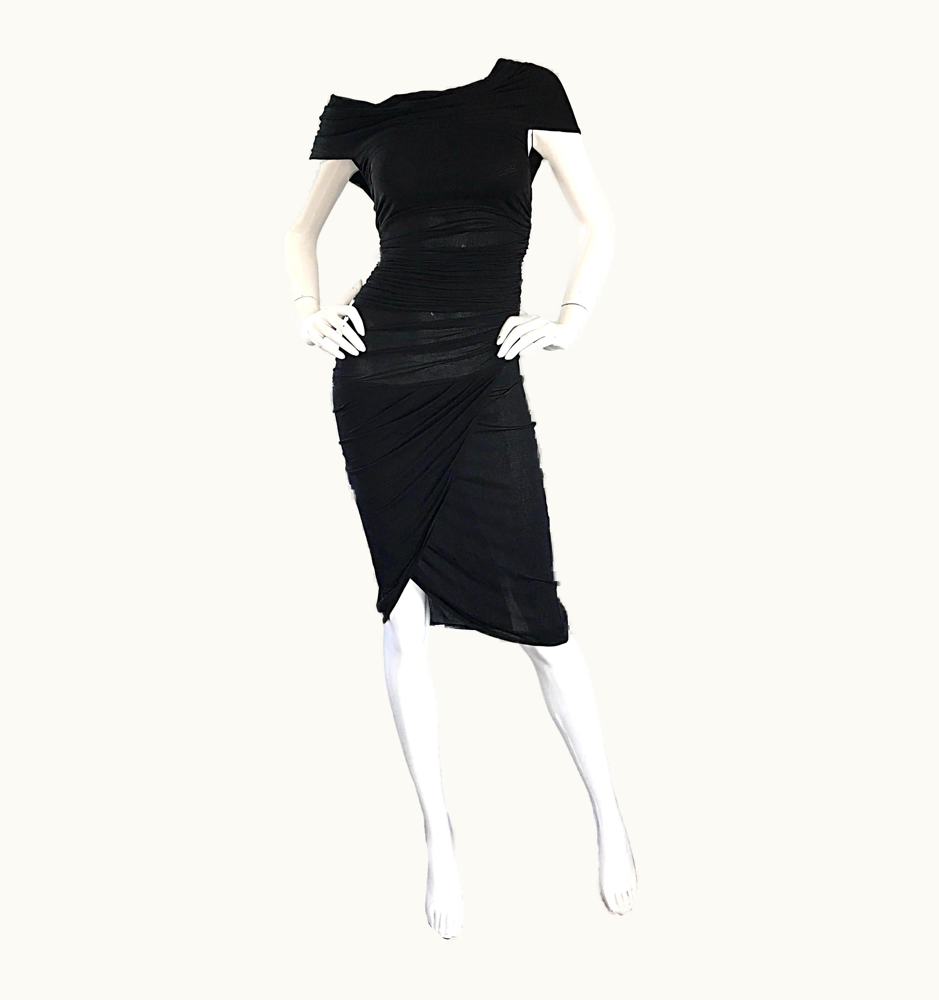 Celine 1990s Celine Sexy Off Shoulder Semi Sheer Asymmetrical Bodycon Black Dress