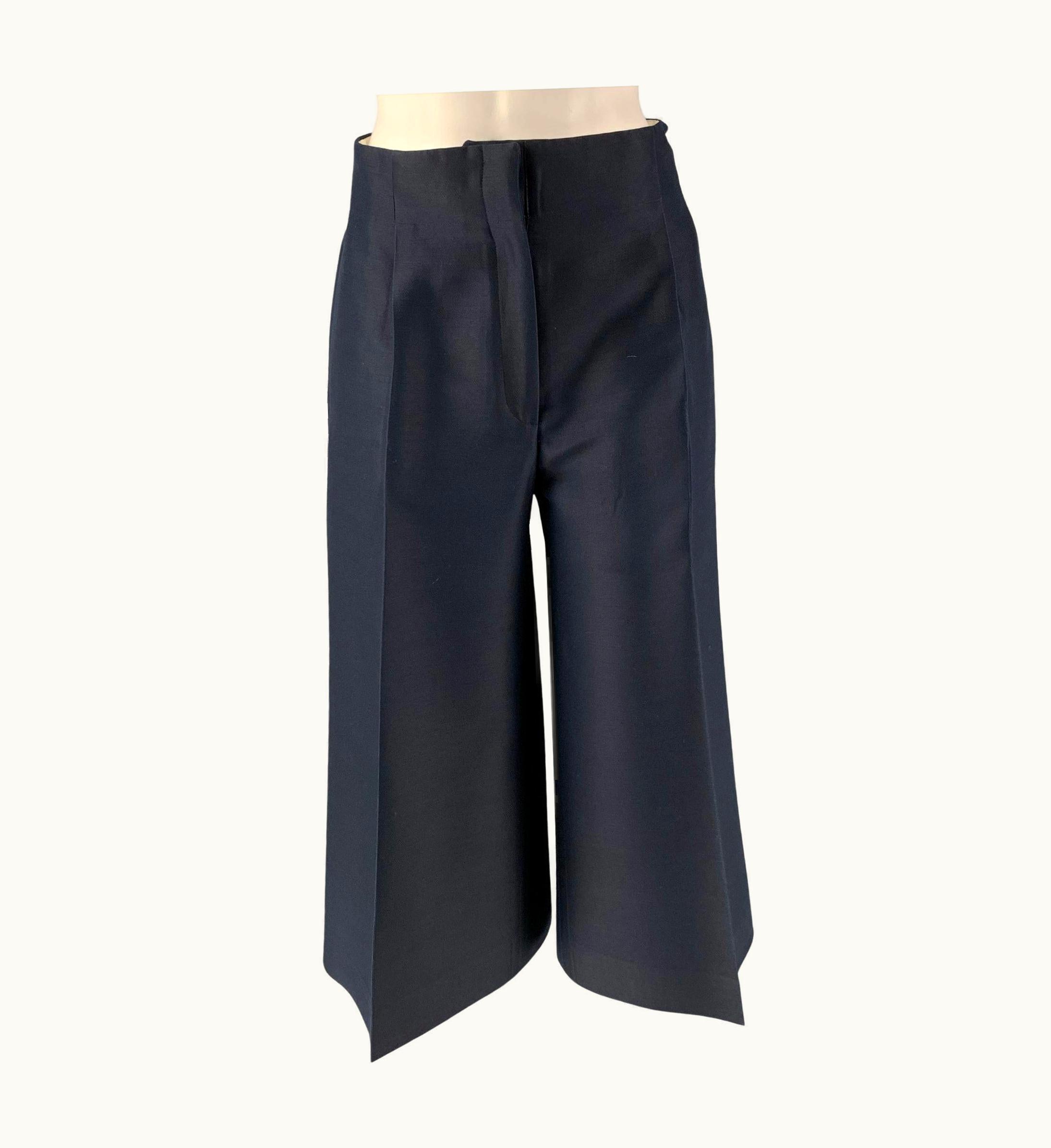 Celine Navy Wool & Silk Solid Wide Leg Dress Pants