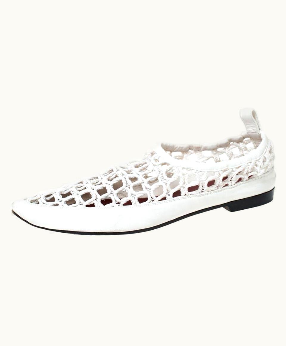 Celine White Woven Rope And Leather Pointed Toe Flats