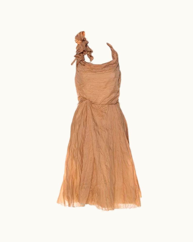 Celine Céline Dusky Orange Silk Blend Ruched Detail Halter Neck Dress