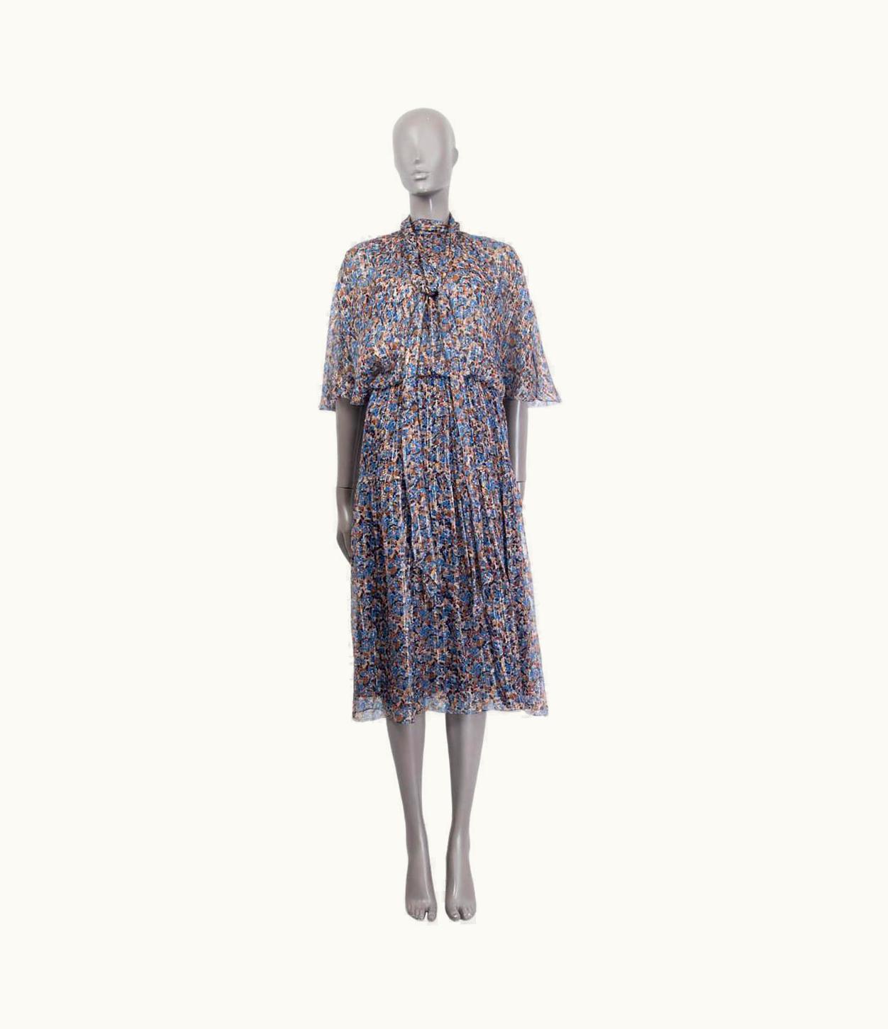 Celine Celine Blue Silk 2020 Lavalliere Floral Lame Midi Dress