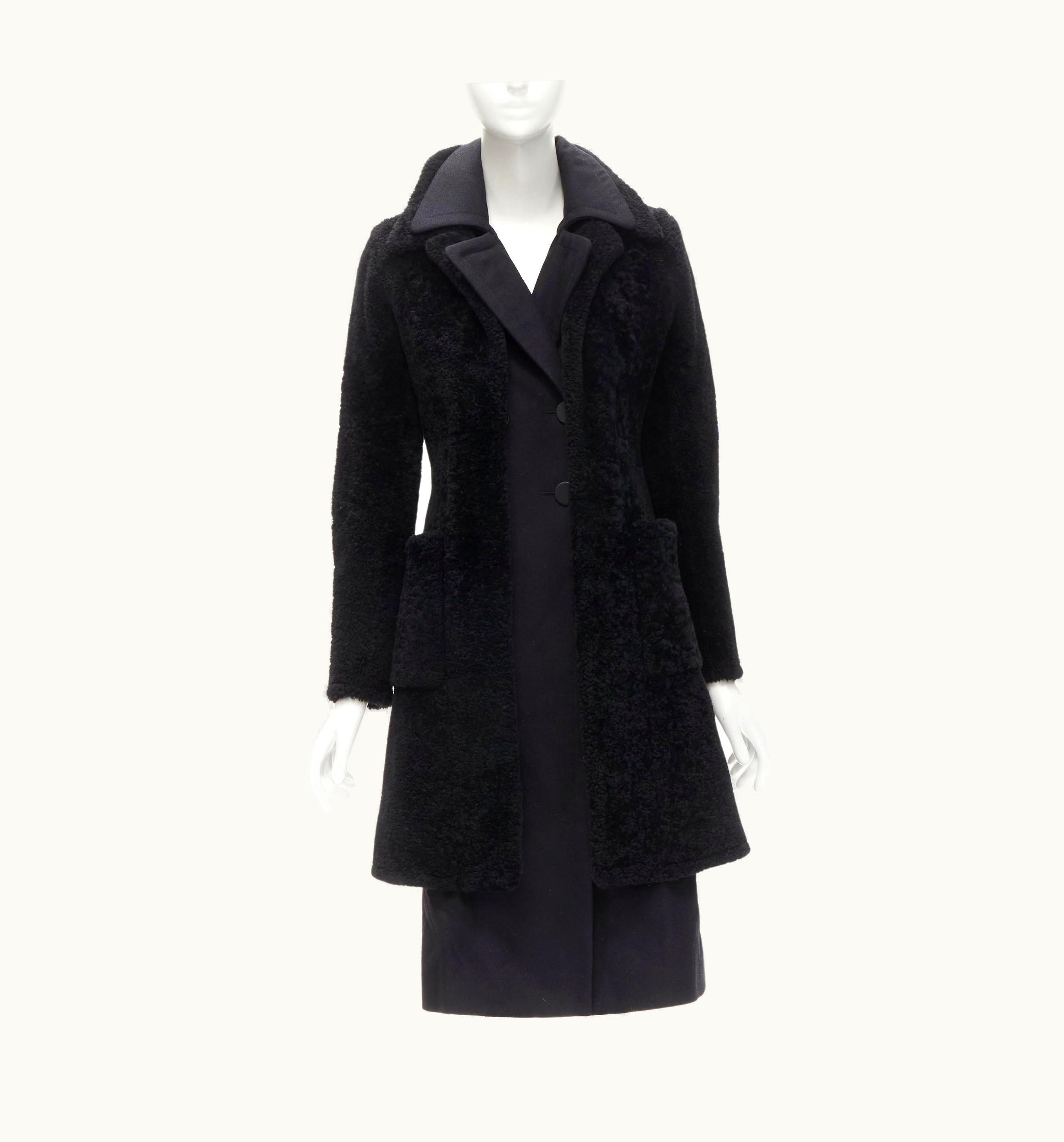 Celine Old Celine Phoebe Philo Black Lambskin Shearling Wool Layered Coat
