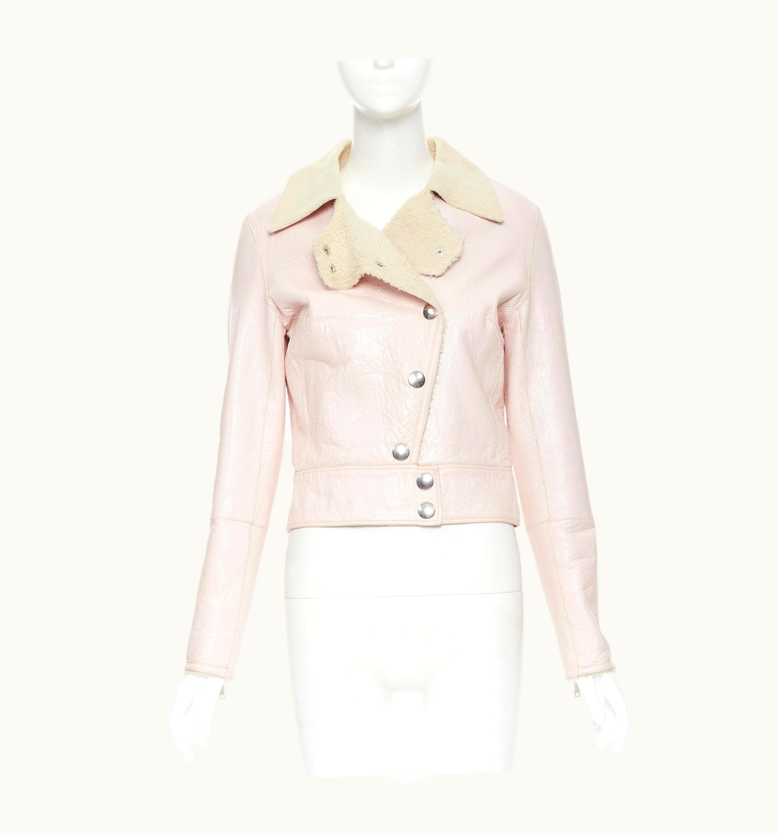Celine Vintage Celine Coated Light Pink Faux Shearling Lined Cropped Biker Jacket